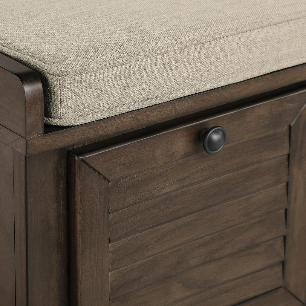 OSP Home Furnishings Dover Coastal Lift-Top Storage Bench with Shutter Face Styling, Dark Walnut Finish with Beige Fabric Cushion