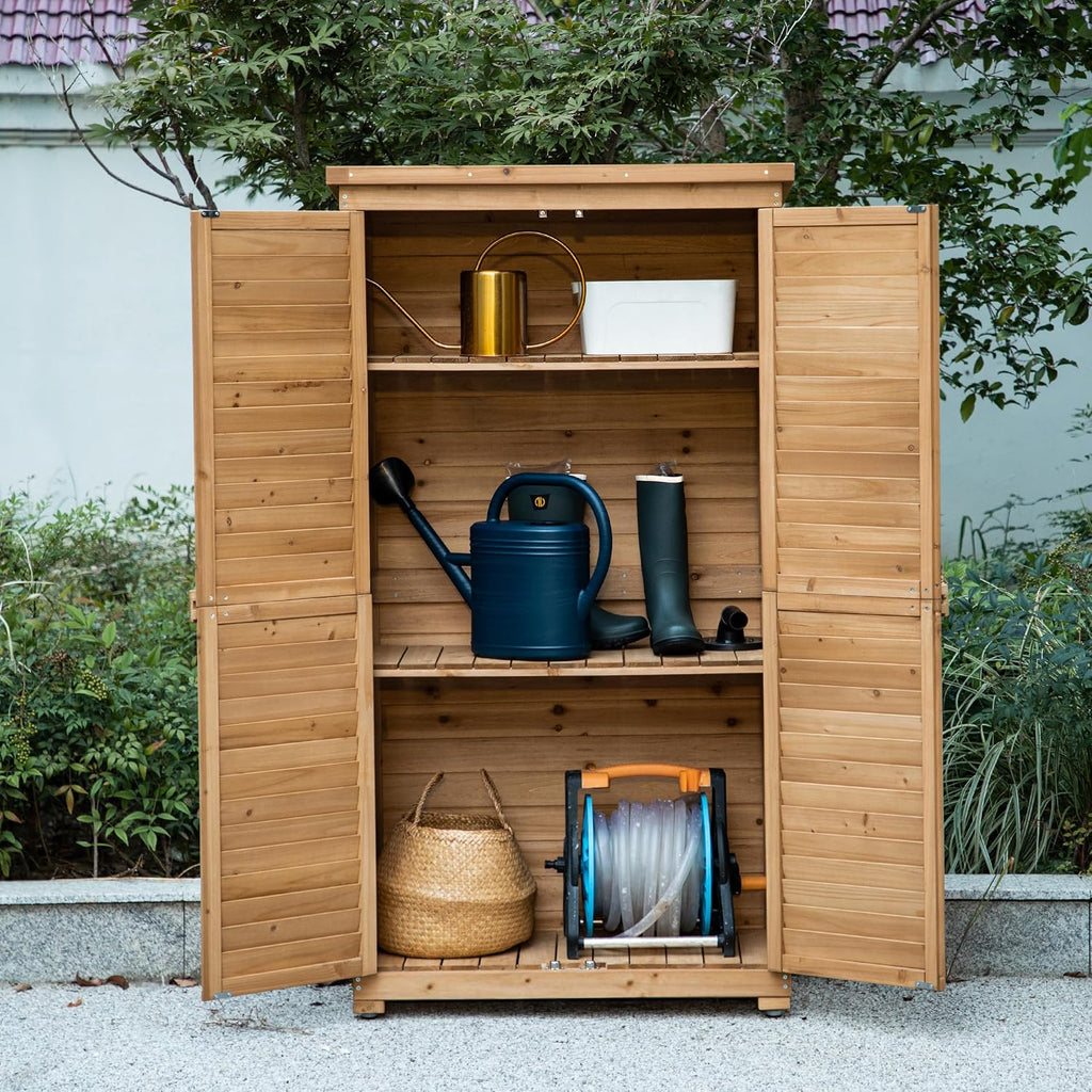 TAKUKA Outdoor Storage Cabinet with 3 Shelves, Wooden Garden Shed with Double Doors& Waterproof Roof, Outside Utility Tall Tool Organizer for Garden Farm Backyard