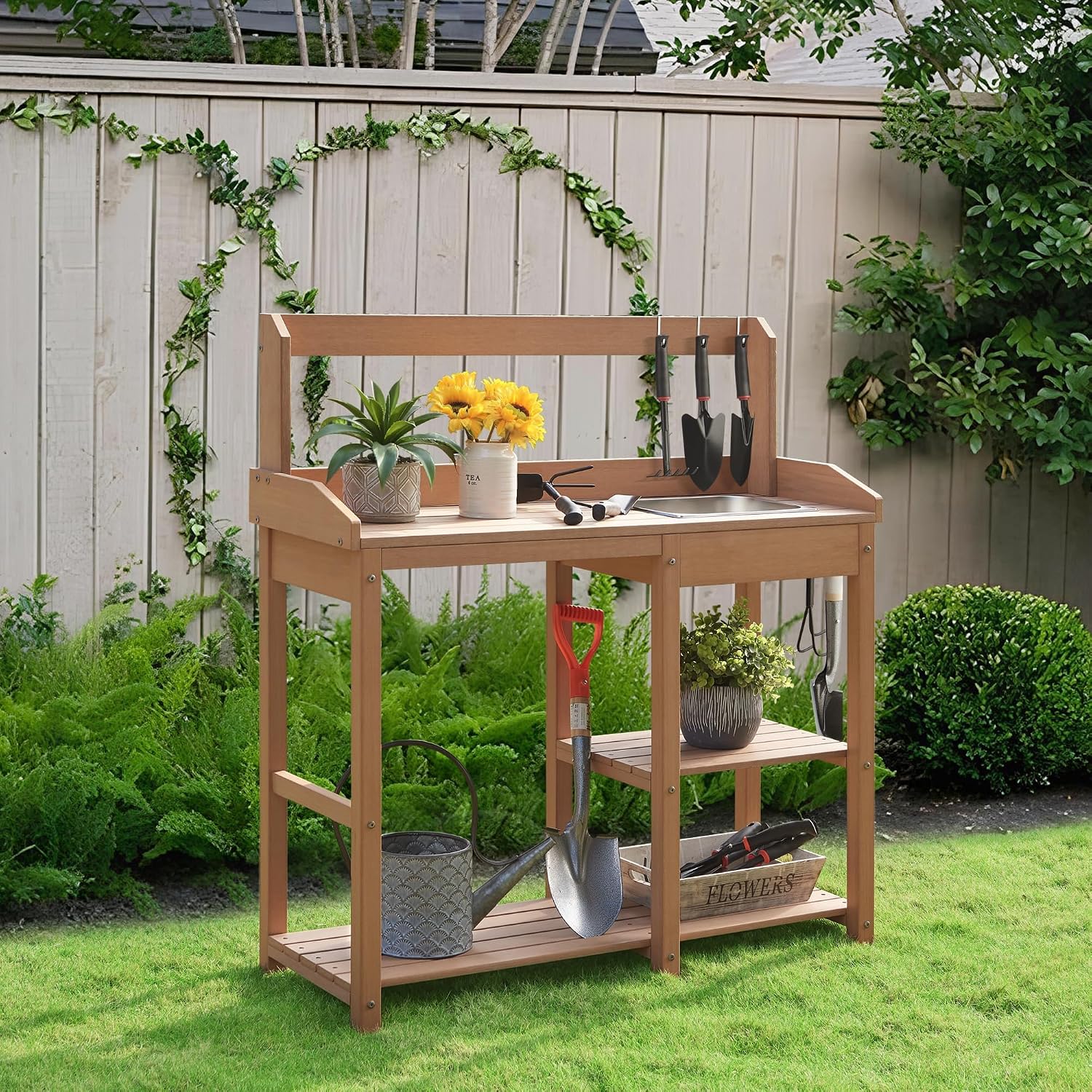 Psilvam Outdoor Potting Bench with Sink, Rot-Resistant HDPS Potting Table for Outside Garden, All-Weather Use, (Teak)