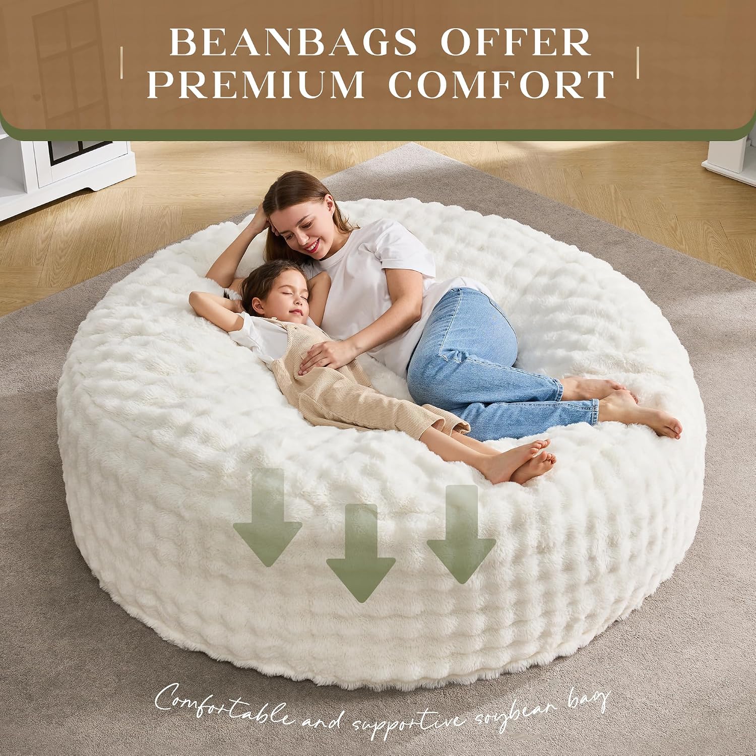 Hobestluk Bean Bag Chairs Beanbag Chair with Filler Adult Bean Bags with Fluffy & Machine Washable Cover, Giant Bean Bag Chairs for Aduts (White, 6FT-70' x 70' x 15')