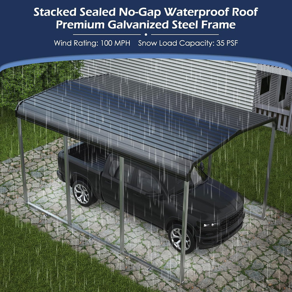 Xilingol Metal Carport, Heavy Duty Carport Canopy with Galvanized Steel Frame and Roof, Outdoor Storage Shed, Car Tent Garage Shelter for Pickup, Truck, Boat and Tractor (10x15 FT)