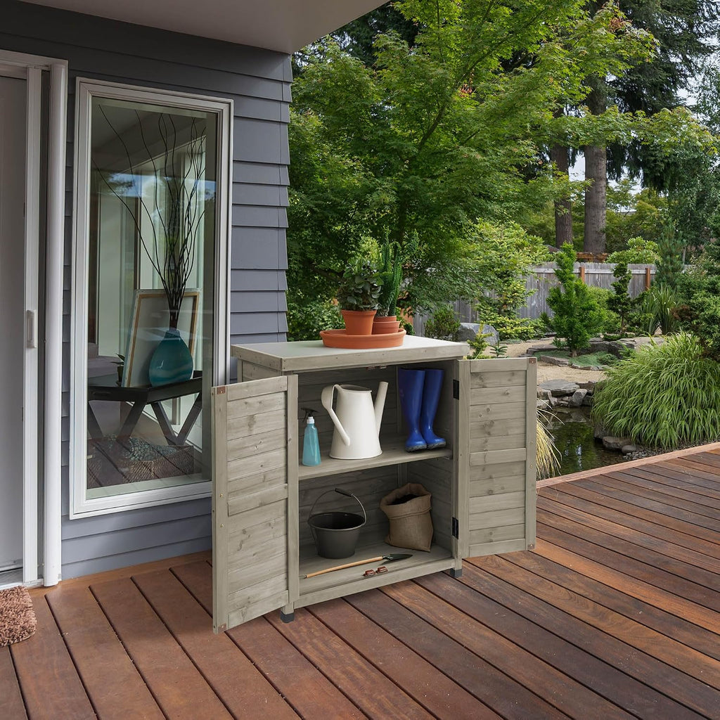 Casafield Outdoor Garden Potting Bench with Metal Tabletop and Storage Cabinet - Wooden Outdoor Garden Patio Workstation Table, Gray