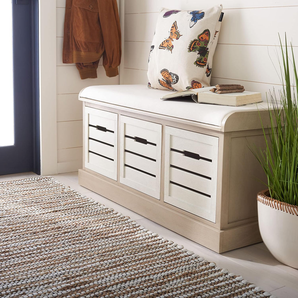 SAFAVIEH Home Collection – Briar 3-Drawer Upholstered Storage Bench, Farmhouse Entryway Accent Bench with Cushion Top, Sand Frame & Distressed White Drawer Fronts (BCH5700B)