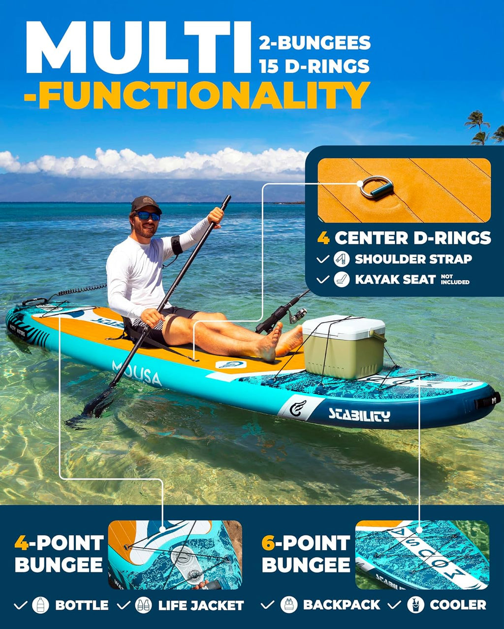 MOUSA 10'8/11'×35' Extra Wide Inflatable Stand Up Paddle Board, Stable Paddleboard SUP for 2 People/Family, Anti-Slip Full EVA Deck, 3 Handles, 100L Backpack, All-Round Sup Board, Big Fin
