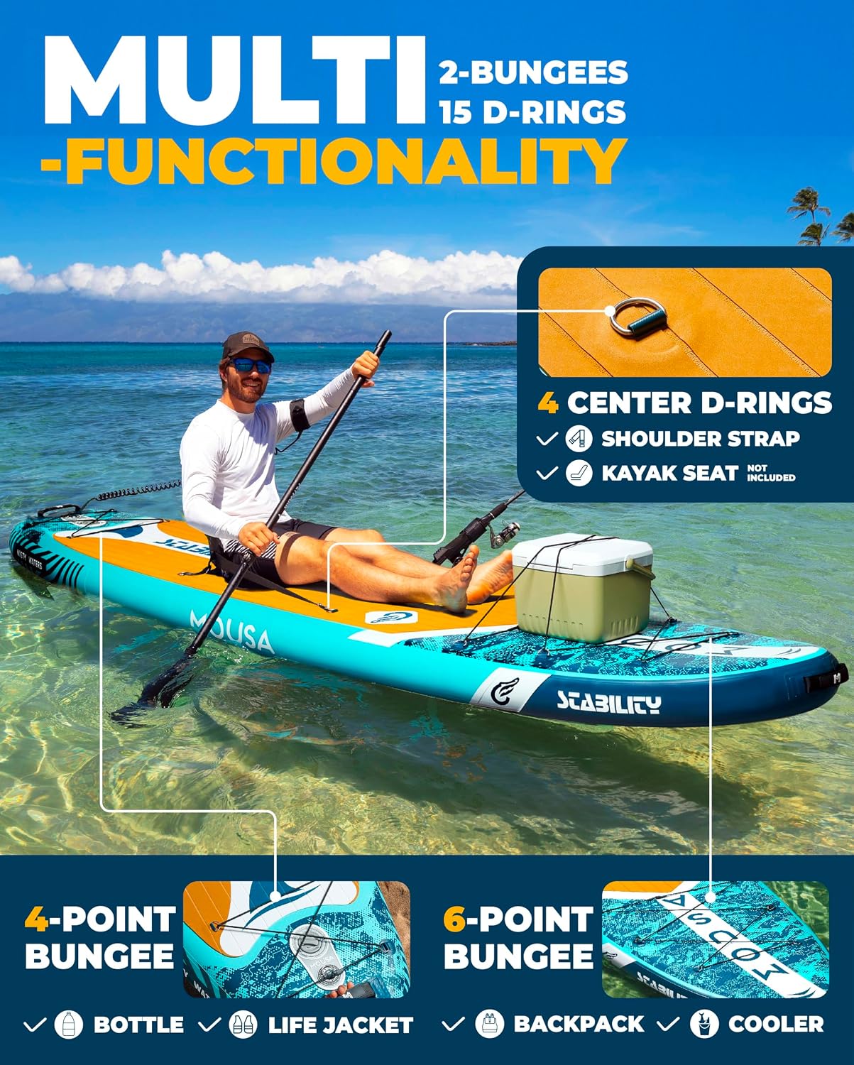 MOUSA 10'8/11'×35' Extra Wide Inflatable Stand Up Paddle Board, Stable Paddleboard SUP for 2 People/Family, Anti-Slip Full EVA Deck, 3 Handles, 100L Backpack, All-Round Sup Board, Big Fin