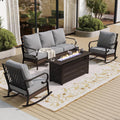 SUNSHINE VALLEY 4 Piece Black Metal Outdoor Patio Furniture Sets with Firepit Table, Patio Conversation Sets 1 3-Seater Sofa, 2 Rocking Sofa with 5.75' Thick Cushion Backyard Furniture for Deck, Gray