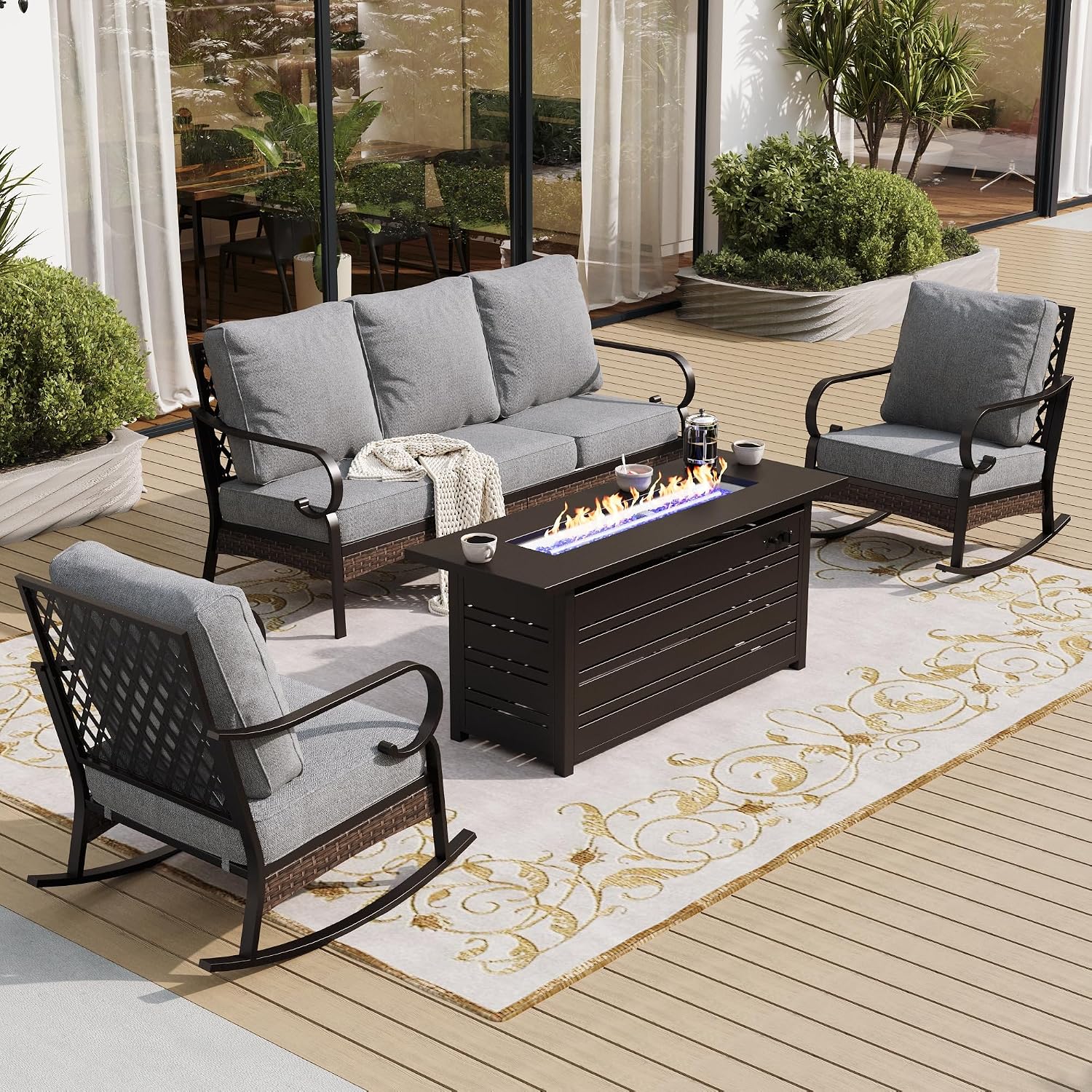 SUNSHINE VALLEY 4 Piece Black Metal Outdoor Patio Furniture Sets with Firepit Table, Patio Conversation Sets 1 3-Seater Sofa, 2 Rocking Sofa with 5.75' Thick Cushion Backyard Furniture for Deck, Gray