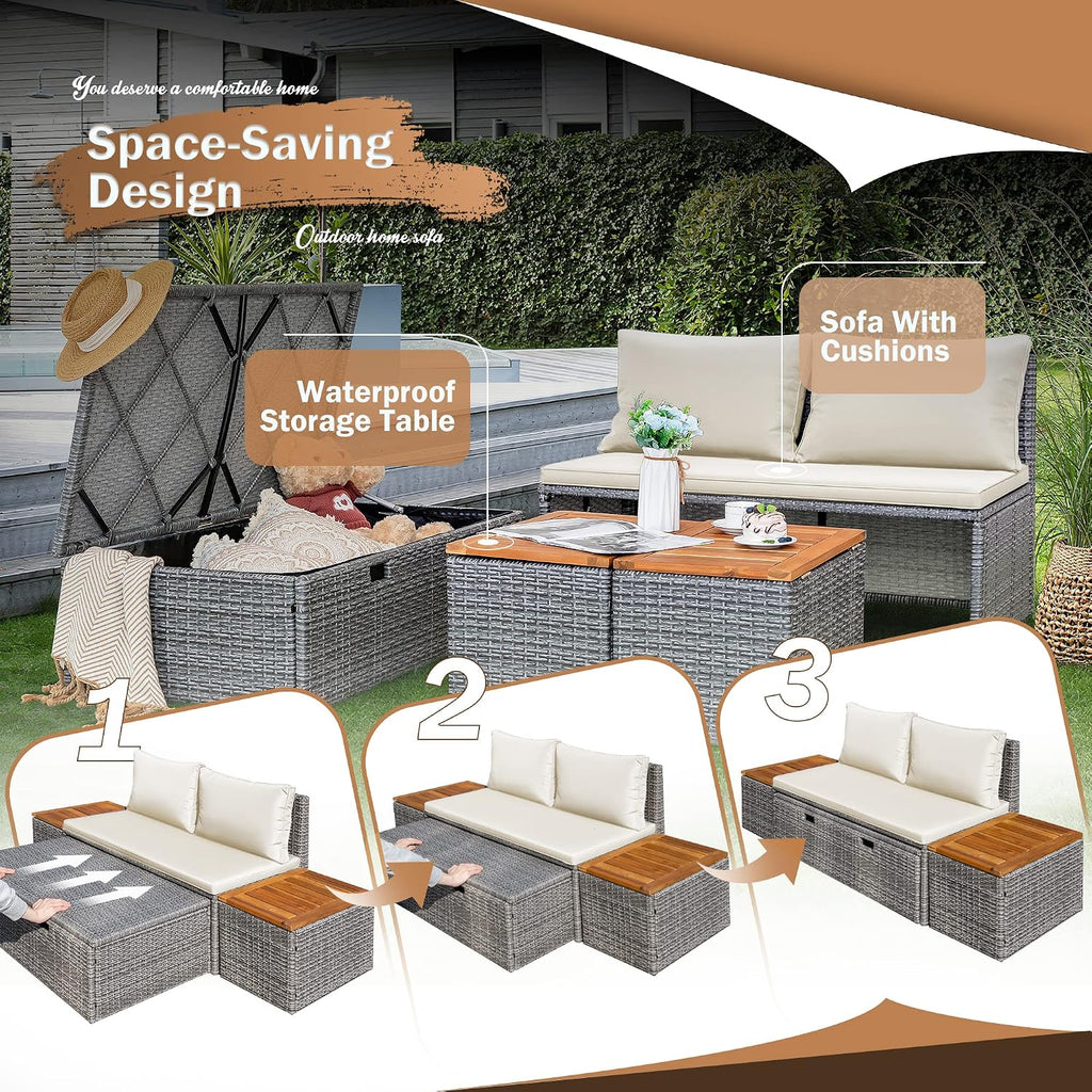 Devoko Outdoor Daybed Set Multifunctional Patio Day Bed Rattan Lounge Bed with 2 Side Tables for Backyard Porch Poolside Lawn Beach (Beige White)