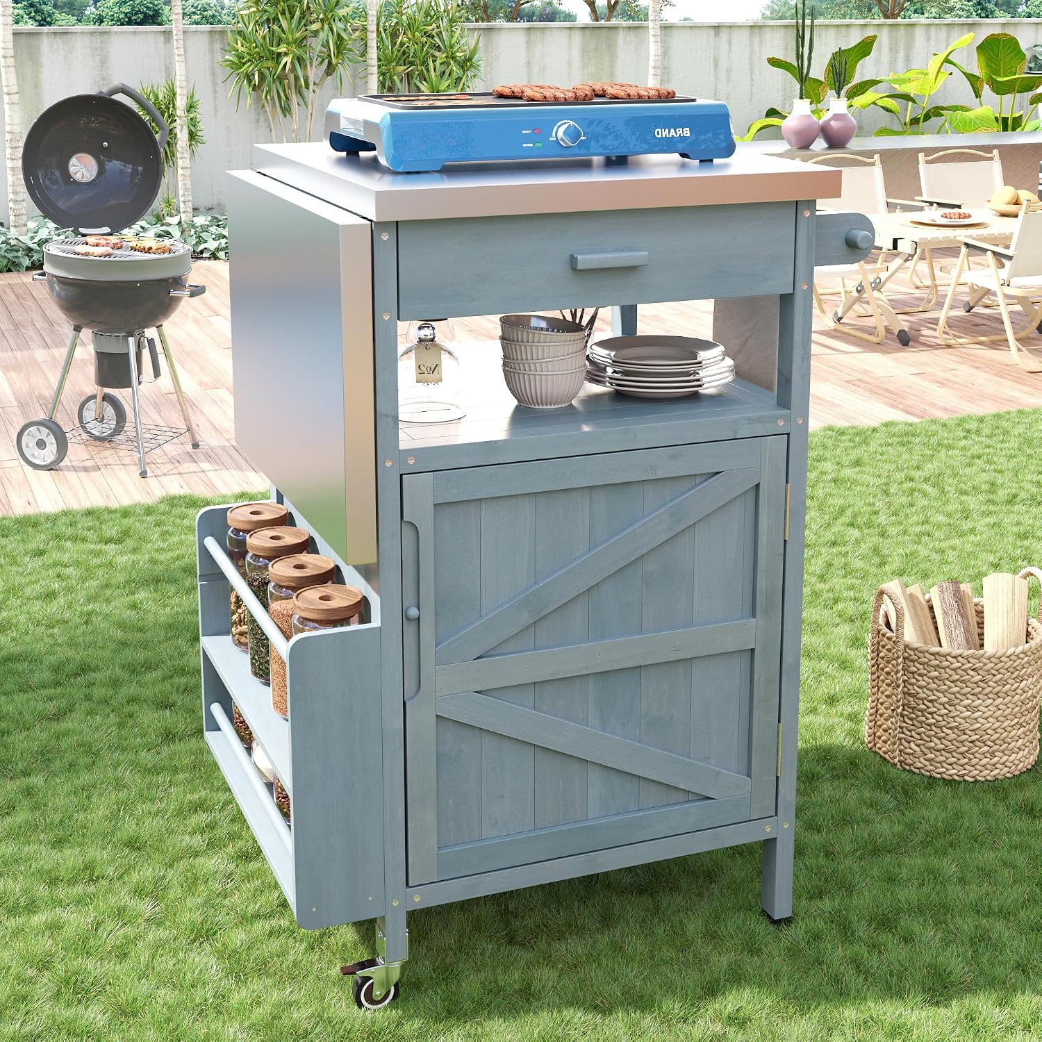Merax 40.5' Outdoor Grill Cart with Stainless Steel Top, Outdoor Storage Cabinet with Drop Leaf, One Drawer, Towel Rack, Rolling Kitchen Cart with Lockable Wheels for Lawn Garden, Blue Grey