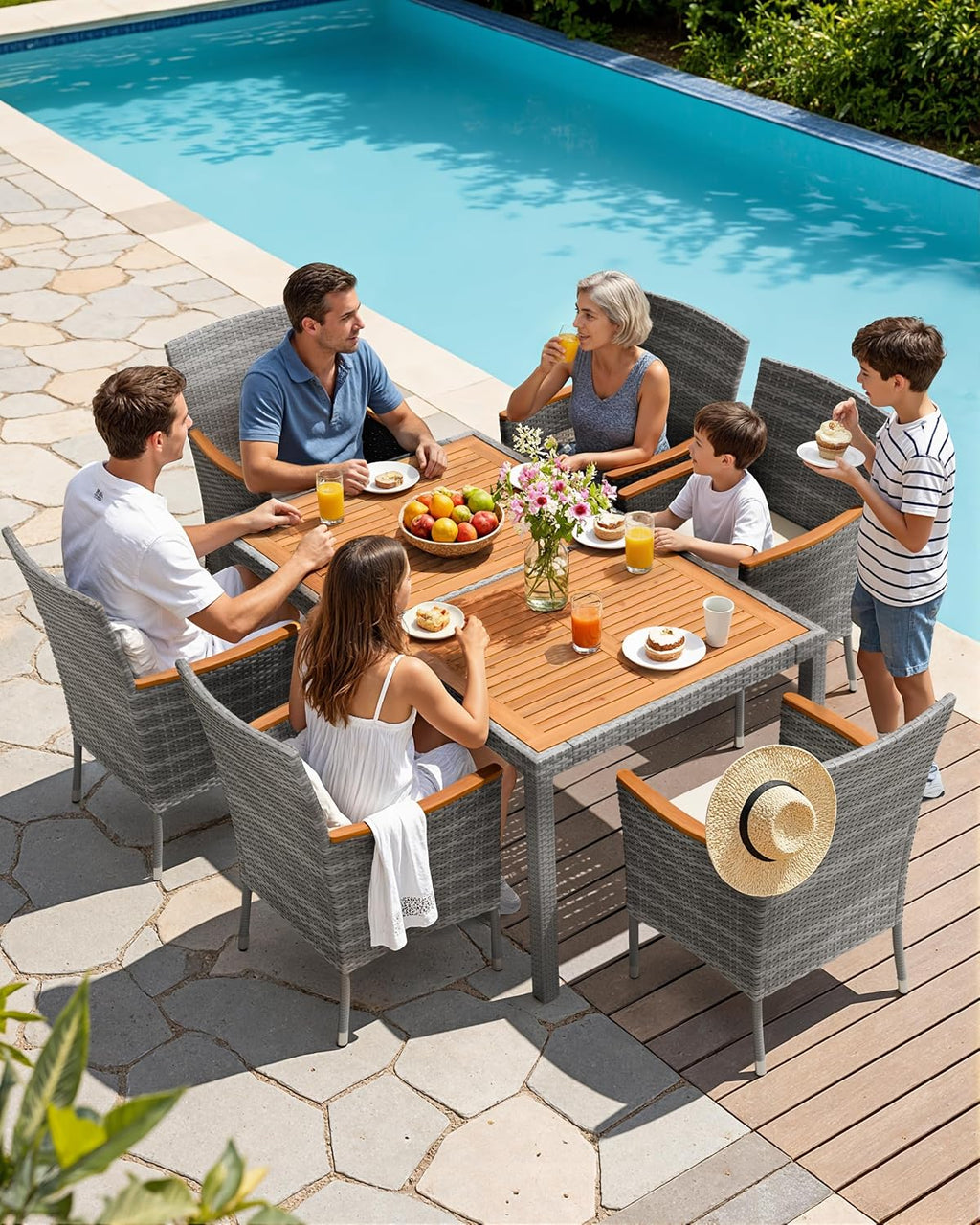 Flamaker 7 Piece Patio Dining Set Outdoor Acacia Wood Table and Chairs with Soft Cushions Wicker Patio Furniture for Deck, Backyard, Garden (Grey)