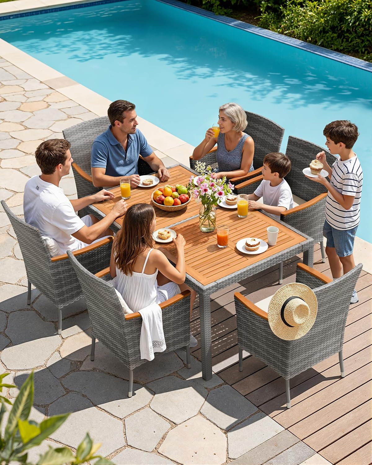 Flamaker 7 Piece Patio Dining Set Outdoor Acacia Wood Table and Chairs with Soft Cushions Wicker Patio Furniture for Deck, Backyard, Garden (Grey)