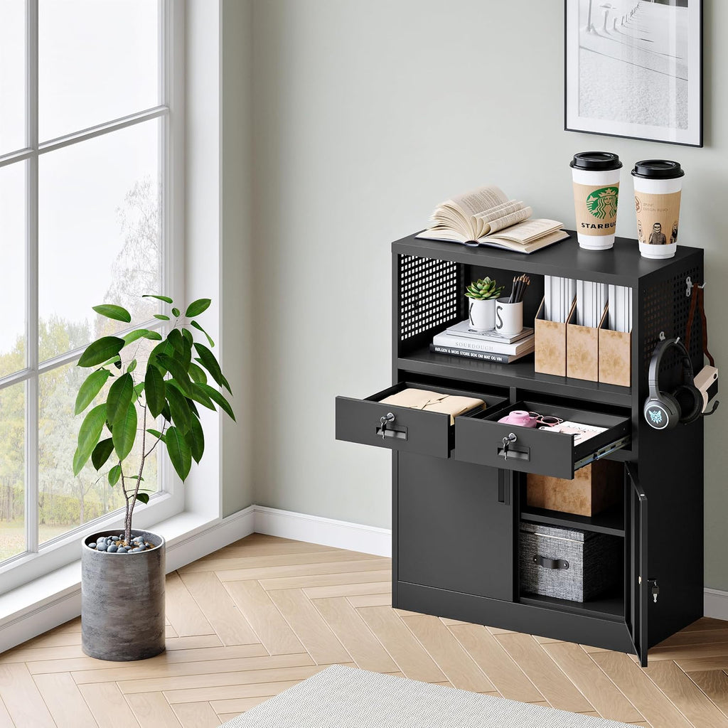 Yizosh Metal Storage Cabinet with 2 Drawers and Locking Doors,- 41.3' Steel Lockable Storage Cabinet with Shelves for Home Office,Garage,School (Black)
