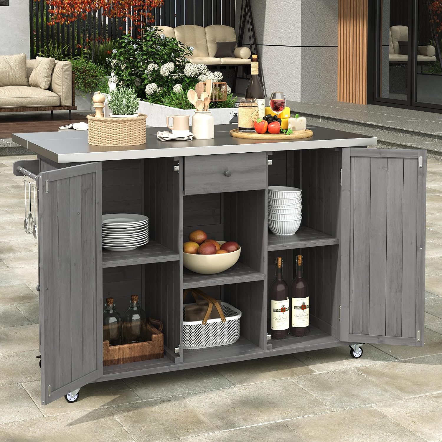 Merax XL Outdoor Table with Stainless Steel Top for Kitchen Prep and Storage Cabinet for Grilling Accessories, Outdoor Kitchen Island Grill Cart with Towel and Spice Racks & a Bottle Opener, Grey