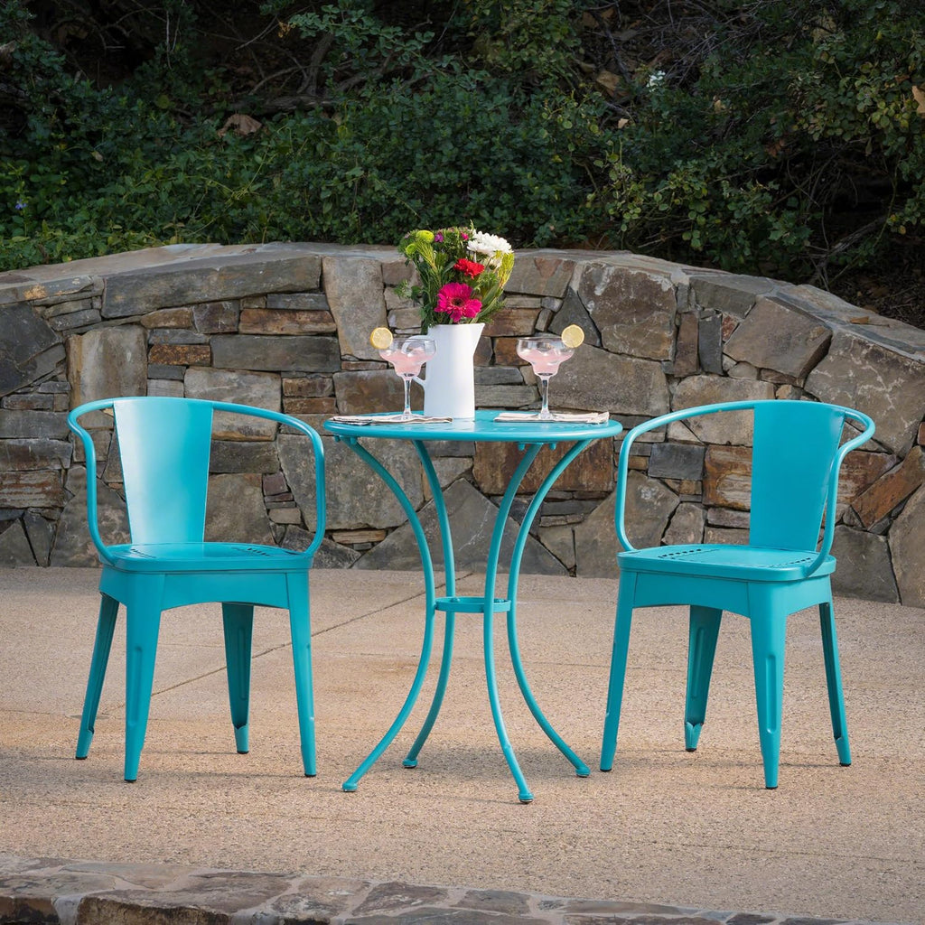 Merax 3 Pieces Bistro Set Iron Retro Bistro Table and Chairs Set of 2 Outdoor Dining Table Set for 2, Round Tabletop, All-Weather for Porch Patio Balcony Lawn Garden (Teal)