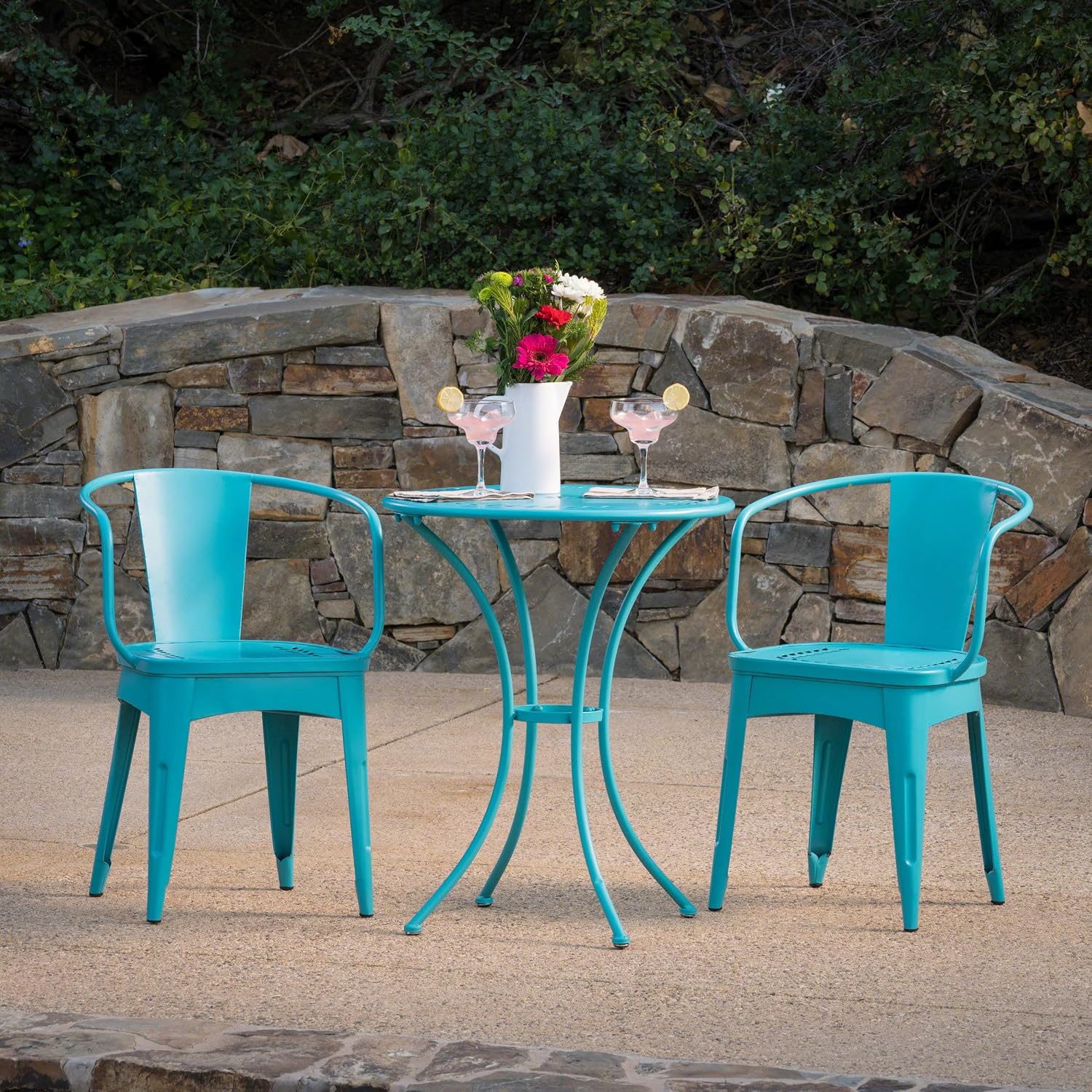 Merax 3 Pieces Bistro Set Iron Retro Bistro Table and Chairs Set of 2 Outdoor Dining Table Set for 2, Round Tabletop, All-Weather for Porch Patio Balcony Lawn Garden (Teal)