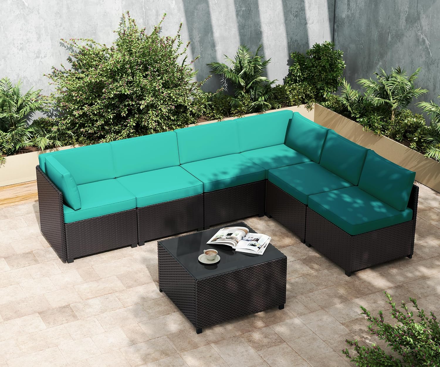 LHBcraft 7 Piece Patio Furniture Set, Outdoor Furniture Patio Sectional Sofa, All Weather PE Rattan Outdoor Sectional with Cushion and Coffee Table