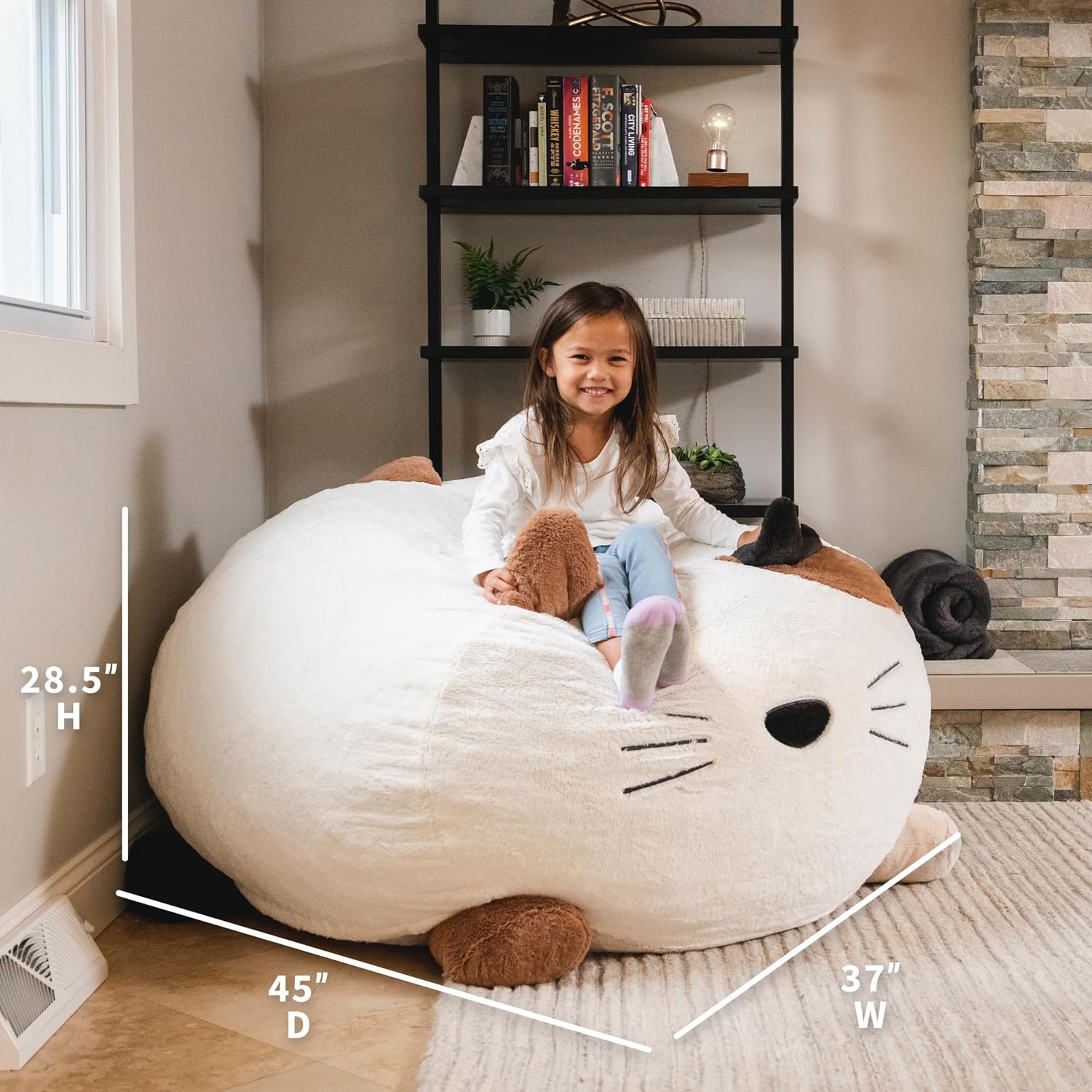 Big Joe Wild Things Foam Filled Animal Bean Bag Chair with Removable Cover, Francesca Feline Snugglepuff, Soft Faux Fur, 4 feet Big