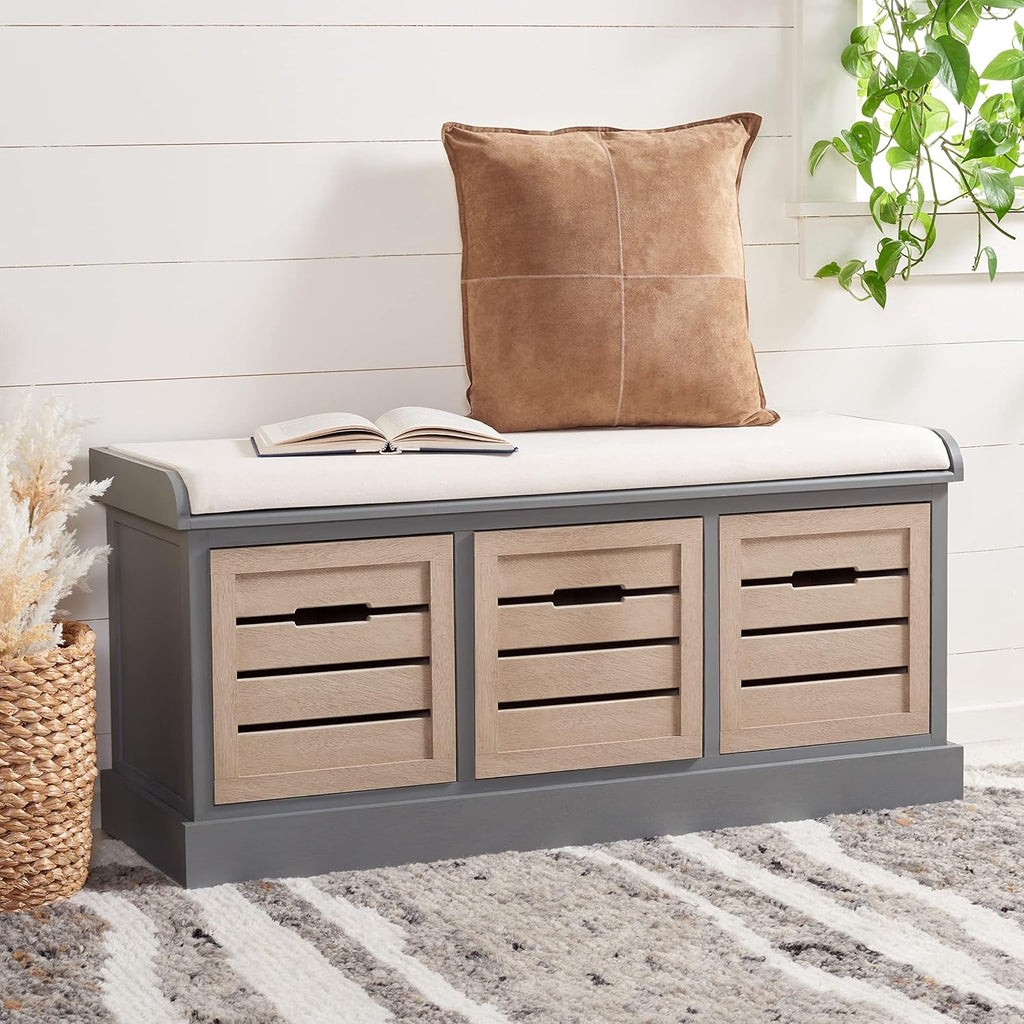 SAFAVIEH Home Collection – Briar 3-Drawer Upholstered Storage Bench, Farmhouse Entryway Accent Bench with Cushion Top, Distressed Grey Frame & Sand Drawer Fronts (BCH5700C)