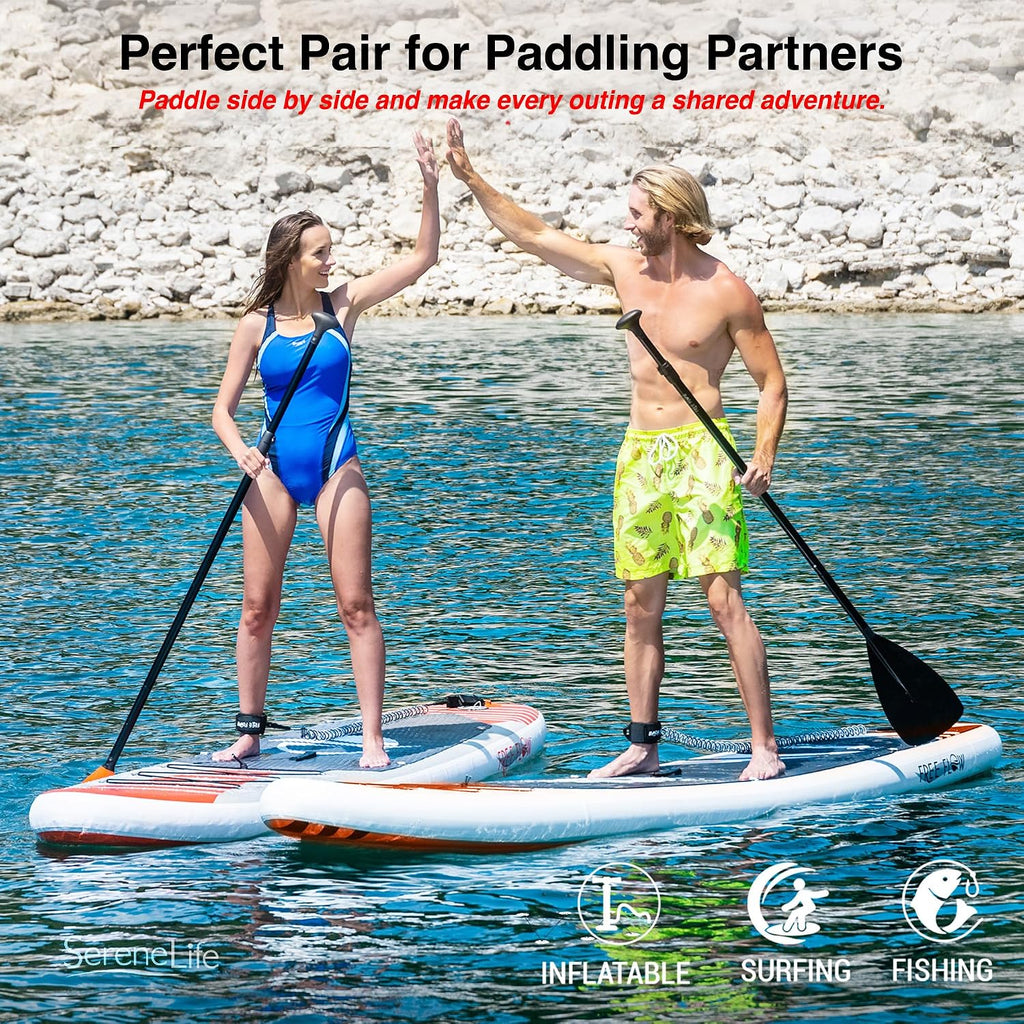 SereneLife 10' Inflatable Stand Up Paddle Board 2-Pack with Premium SUP Accessories – 32' Wide Stable Design with Non-Slip EVA Deck Pad for Youth and Adults, 350 lbs. Capacity Each