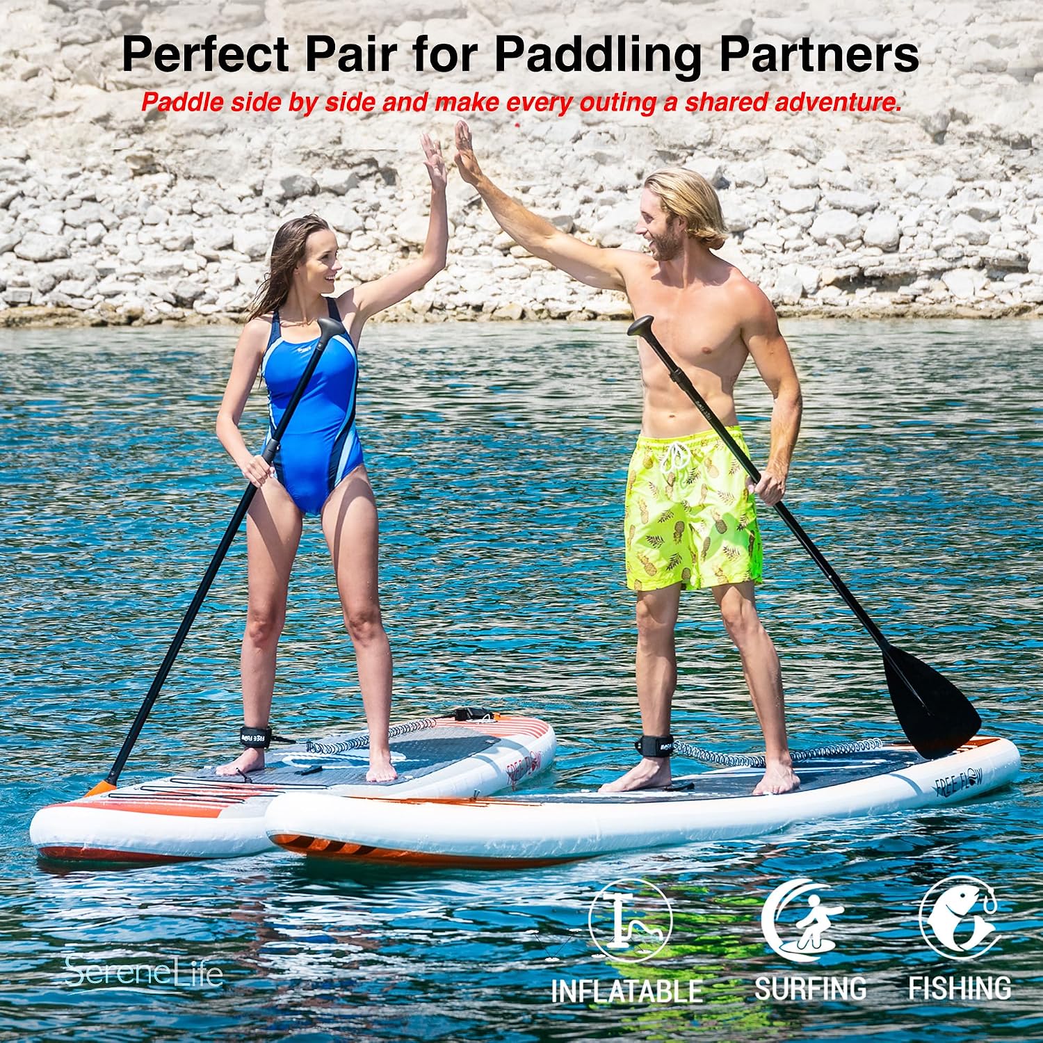 SereneLife 10' Inflatable Stand Up Paddle Board 2-Pack with Premium SUP Accessories – 32' Wide Stable Design with Non-Slip EVA Deck Pad for Youth and Adults, 350 lbs. Capacity Each