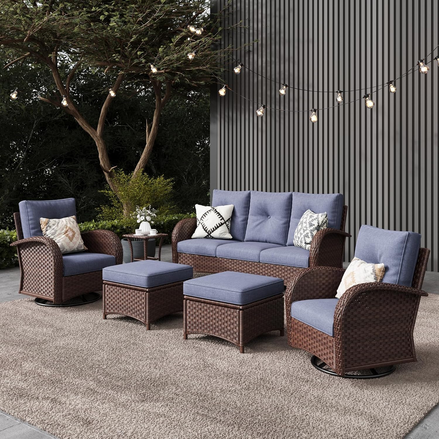 LayinSun 6 Pieces Outdoor Patio Furniture Set, Rattan Wicker Sectional Swivel Rocker Chairs Sets
