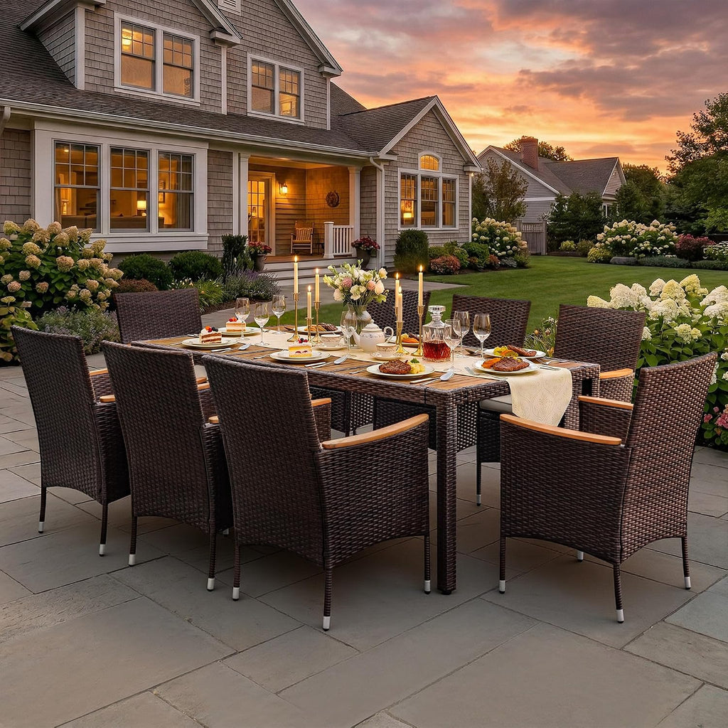 Greesum 9 Pieces Outdoor Patio Dining Set, Conversation Sets with 1 Table and 8 Rattan Chairs with Curved Acacia Wooden Armrests and Cushions, Brown