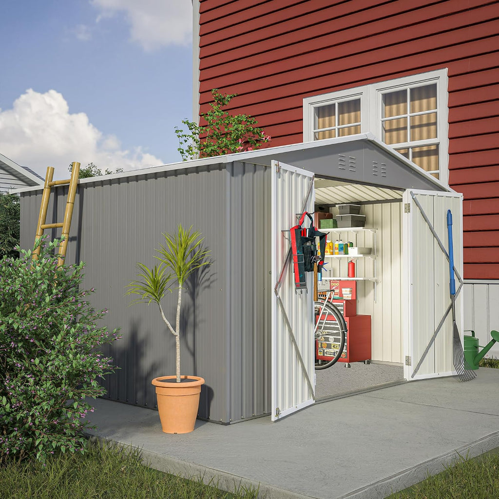 10x8 ft Outdoor Storage shed All Weather Metal Garden shed with Lockable Double Doors Tool Storage for Backyard Patio Lawn and Garden Organization Large Capacity (10x8 ft Grey)