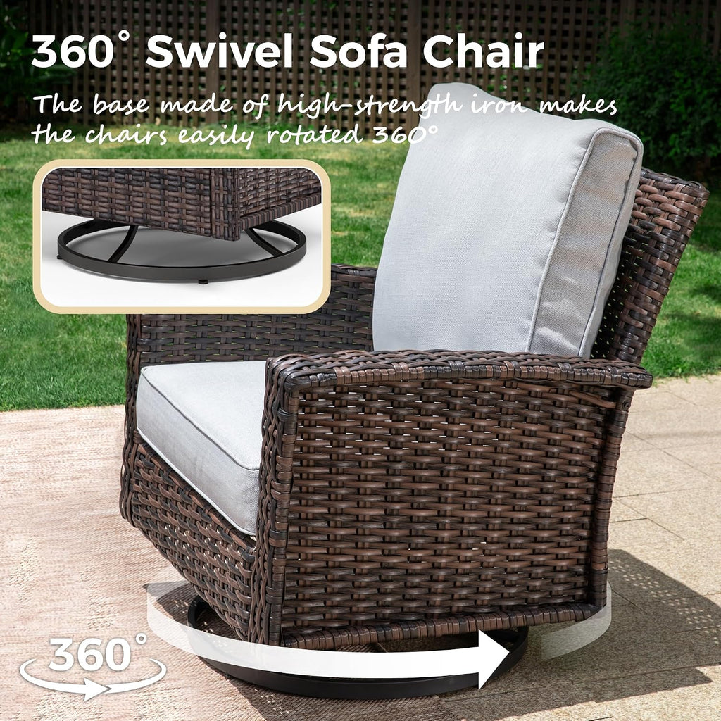 MIXPATIO Swivel Patio Wicker Chairs Set of 2, High Back Outdoor Swivel Patio Rattan Chairs with 5.5' Thick Cushions for Bistro Balcony Porch Deck and Yard, Light Grey