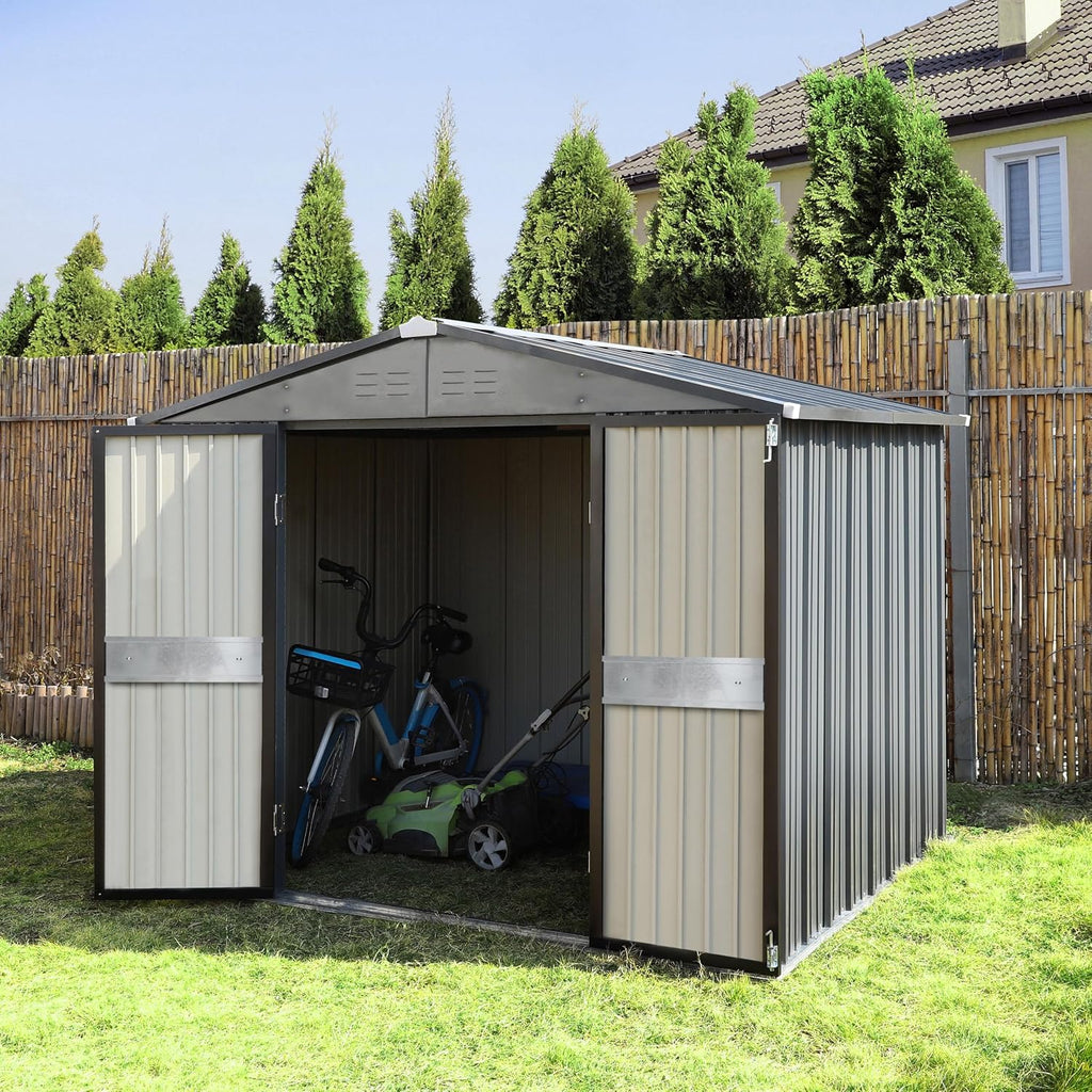 VEIKOU 8x10FT Outdoor Storage Shed with Thickened Galvanized Steel, Metal Storage Shed with Lockable Door & Air Vents, Garden Tool Metal Shed for Patio Garage Yard, Gray