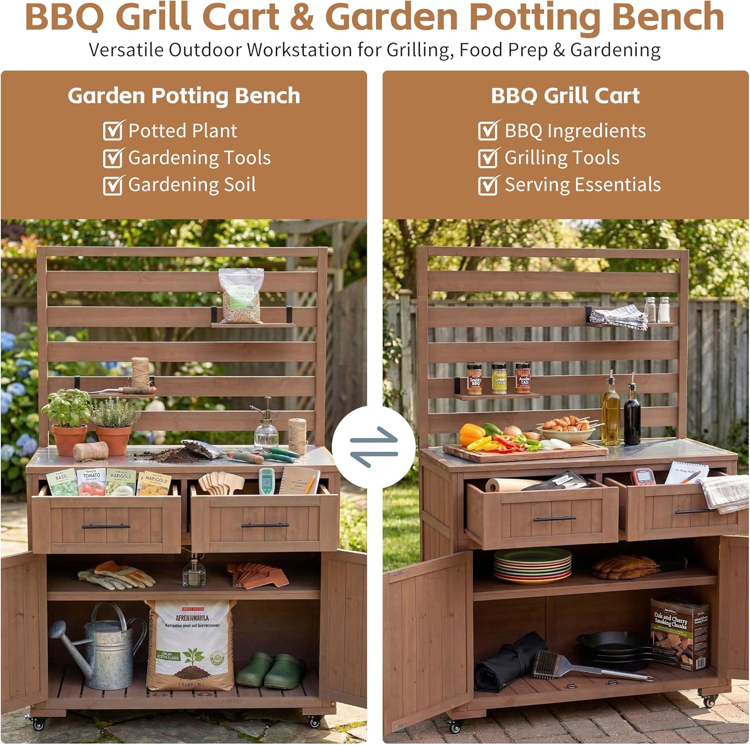 LUMISOL Garden Potting Bench Table with Stainless Table Top, 64.9'' H Solid Wood Garden Workstation with 3 Movable Shelves, Large Outdoor Kitchen Cart with 2 Drawers, for Patio Backyard, Brown