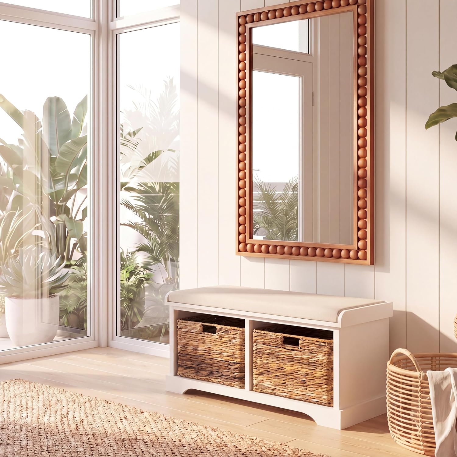 SAFAVIEH Home Collection – Freddy Vintage White Storage Bench with Wicker Baskets & Cushion, Entryway Seating Bench, Fully Assembled (AMH5736D)