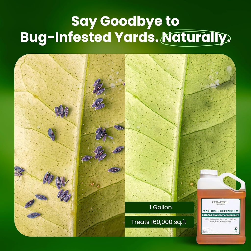Nature's Defender Outdoor Pest Control Spray – All-Natural Cedarwood Oil Formula for Mosquitoes, Ticks, Fleas, and Ants – Safe for Pets, Kids, & Plants – 128 oz (1Gal) Concentrate Treats 160,000 sq.ft