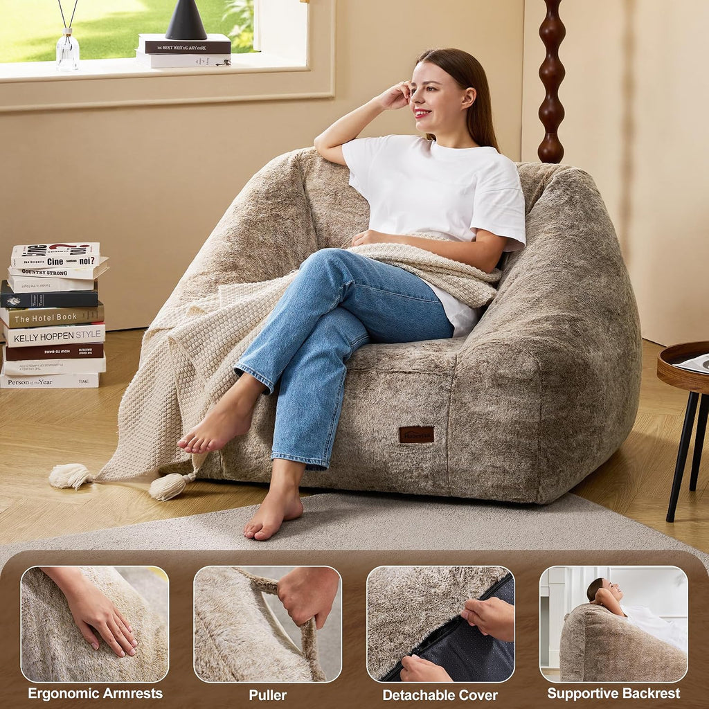 Hobestluk Giant Bean Bag Chair Memory Foam Filled Sofa Chair Bean Bag for Adults/Teens/Kids, Oversized Lazy Accent Comfy Stuffed BeanBag Sofa for Living Room Bedroom Dorm Reading(Brown)