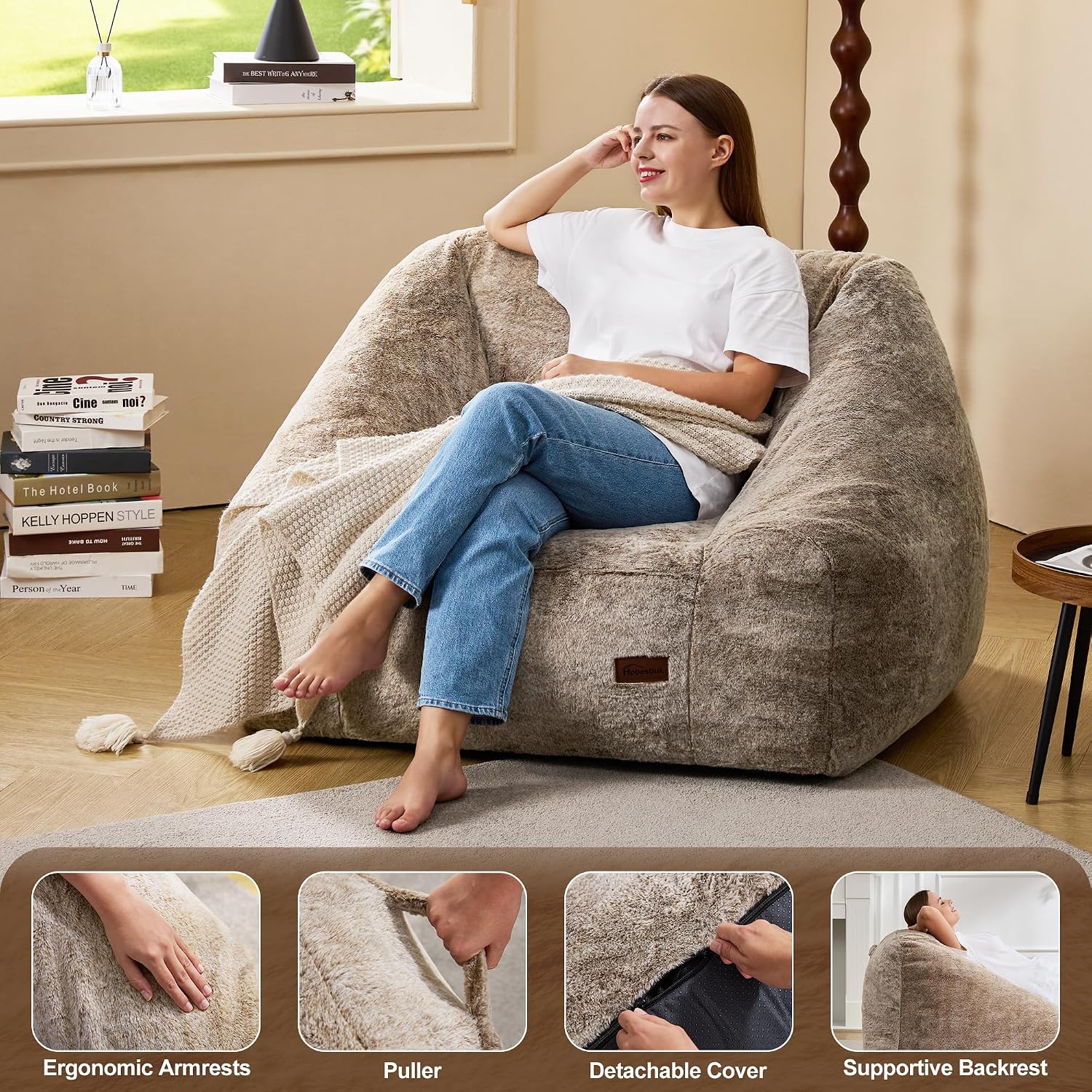 Hobestluk Giant Bean Bag Chair Memory Foam Filled Sofa Chair Bean Bag for Adults/Teens/Kids, Oversized Lazy Accent Comfy Stuffed BeanBag Sofa for Living Room Bedroom Dorm Reading(Brown)