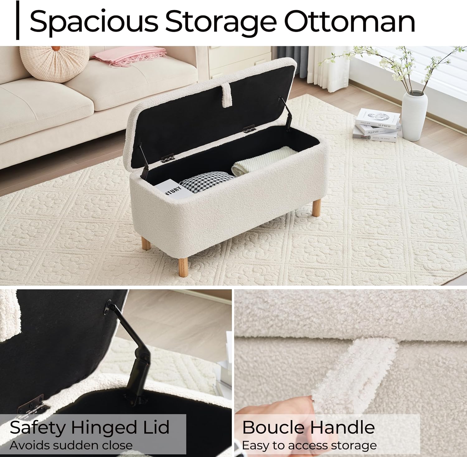 Boucle Storage Ottoman Bench for Bedroom end of Bed, Sherpa Upholstered Shoe Seat Storage Bench for Entryway Bed Foot, Rectangle Cushion Padded Blanket Chest Cute for Living Room, White