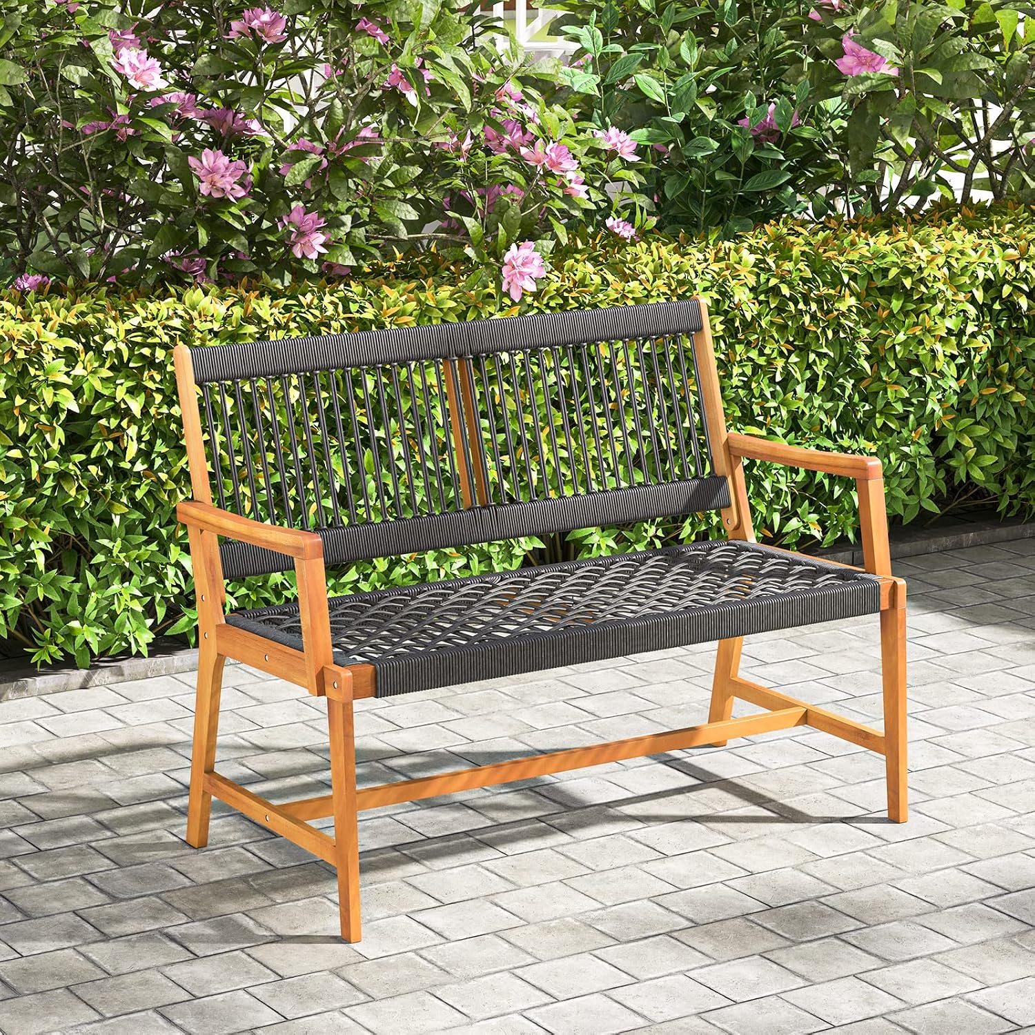 Tangkula Outdoor Acacia Wood Bench, All-Weather Rope Woven Garden Bench with Backrest and Armrests, 2-Person Patio Bench for Porch, Backyard, 705 Lbs Max Load