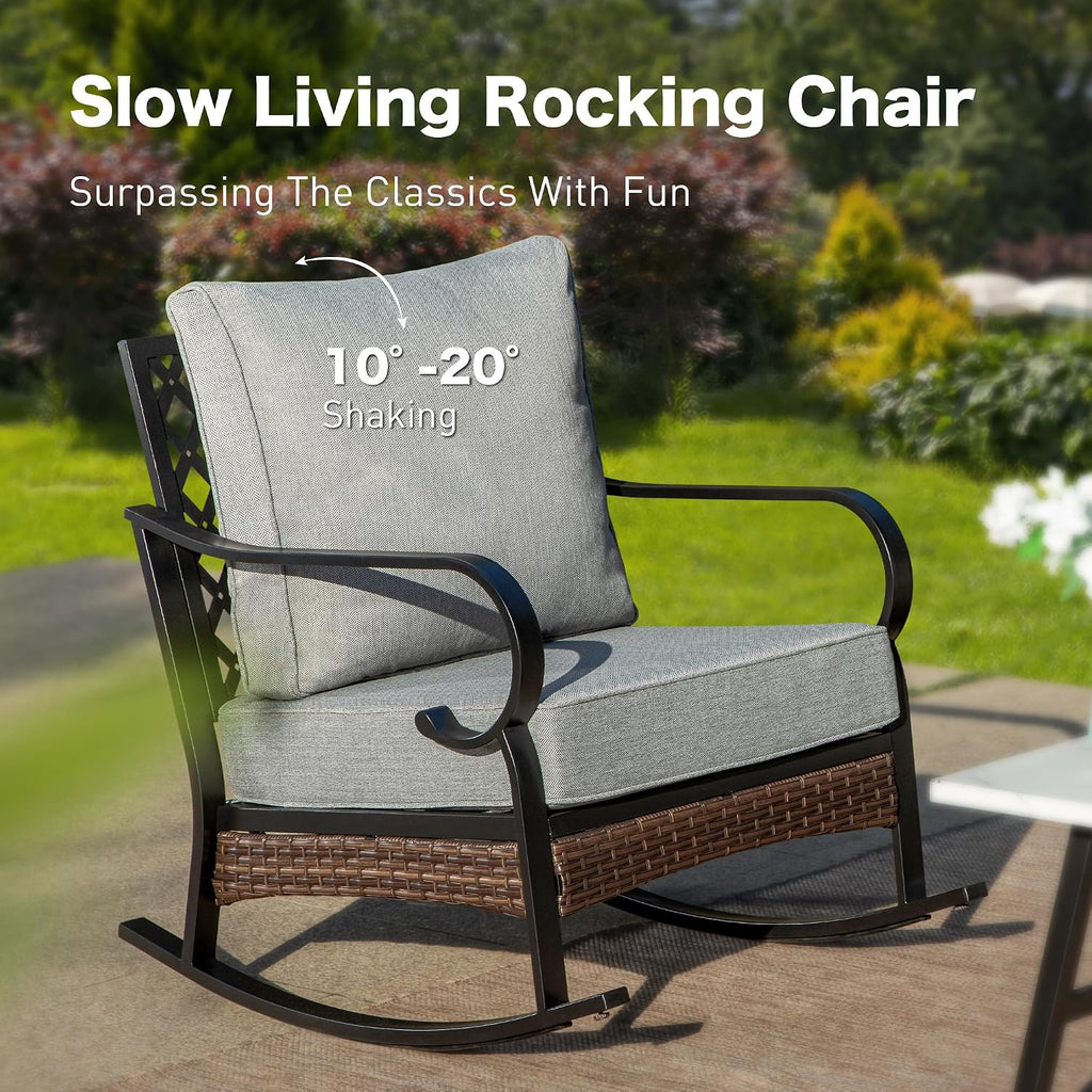 SUNSHINE VALLEY 6 Piece Black Metal Outdoor Patio Furniture Sets with Firepit Table, Patio Conversation Sets 1 3-Seater Sofa, 2 Leg Sofa and 2 Rocking Chair with 5.75' Cushion for Backyard Deck, Gray