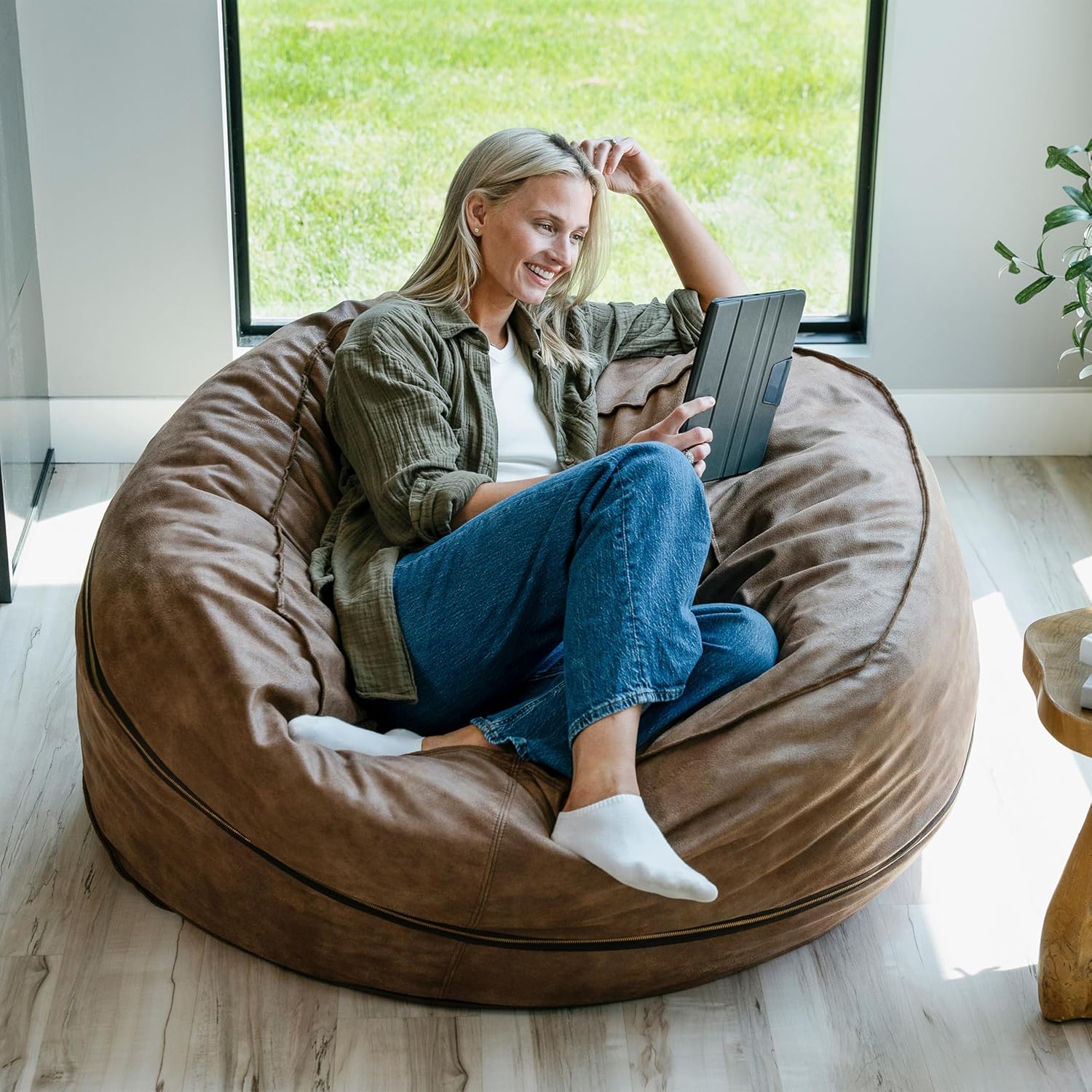 Big Joe Fuf 5Ft Oversized Foam Bean Bag Chair with Removable Cover for Kids, Teens, Adults, Coffee Soft Vegan Leather, 5 Foot Large Reading and Gaming Seat