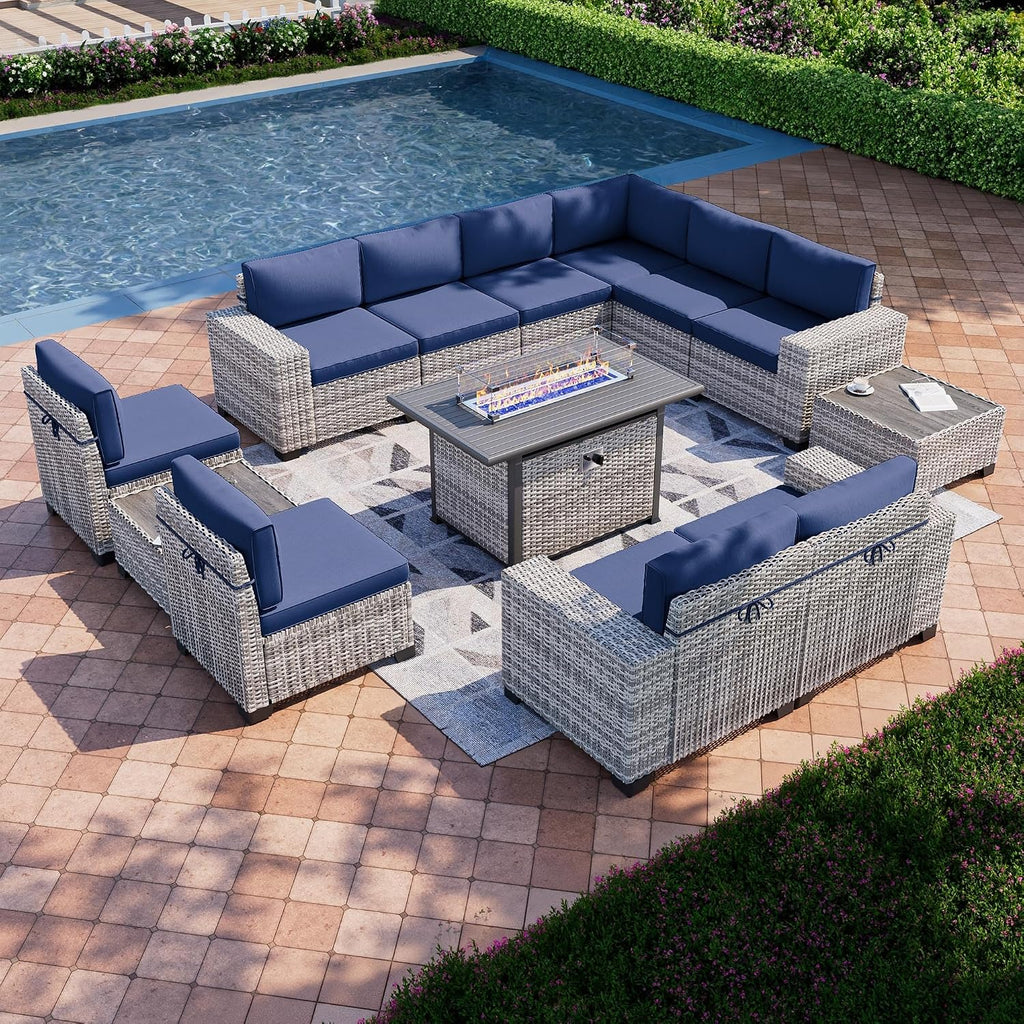 13-Piece Outdoor Patio Furniture Set with 55,000 BTU Fire Pit Table, PE Wicker Rattan Sectional Sofa Patio Conversation Set with Coffee Table, Navy Blue