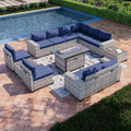 13-Piece Outdoor Patio Furniture Set with 55,000 BTU Fire Pit Table, PE Wicker Rattan Sectional Sofa Patio Conversation Set with Coffee Table, Navy Blue
