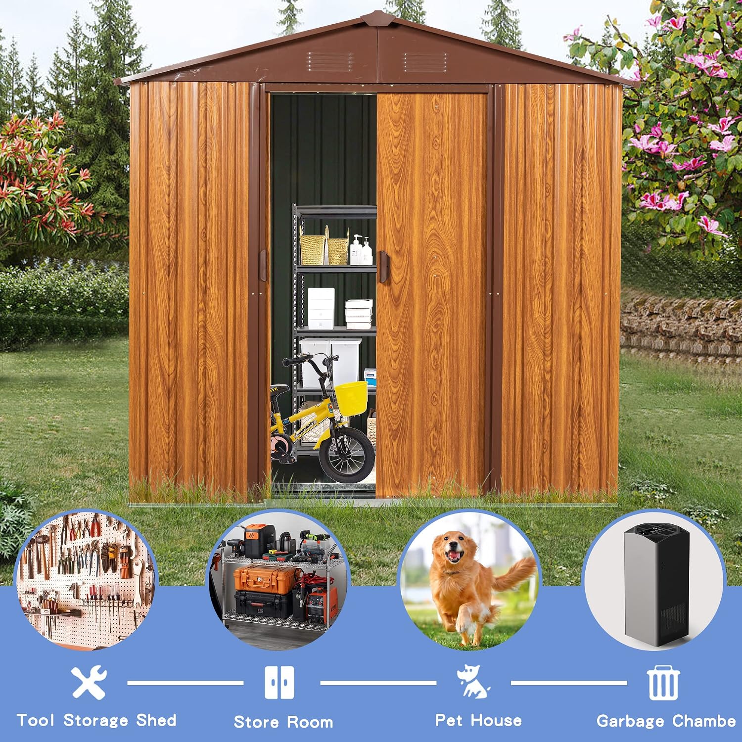 6 x 6 FT Outdoor Storage Shed, Metal Garden Shed with Floor Frame, Tool Shed Outdoor Storage with Lockable Sliding Doors & Air Vents, Storage House Waterproof for Backyard, Lawn, Coffee
