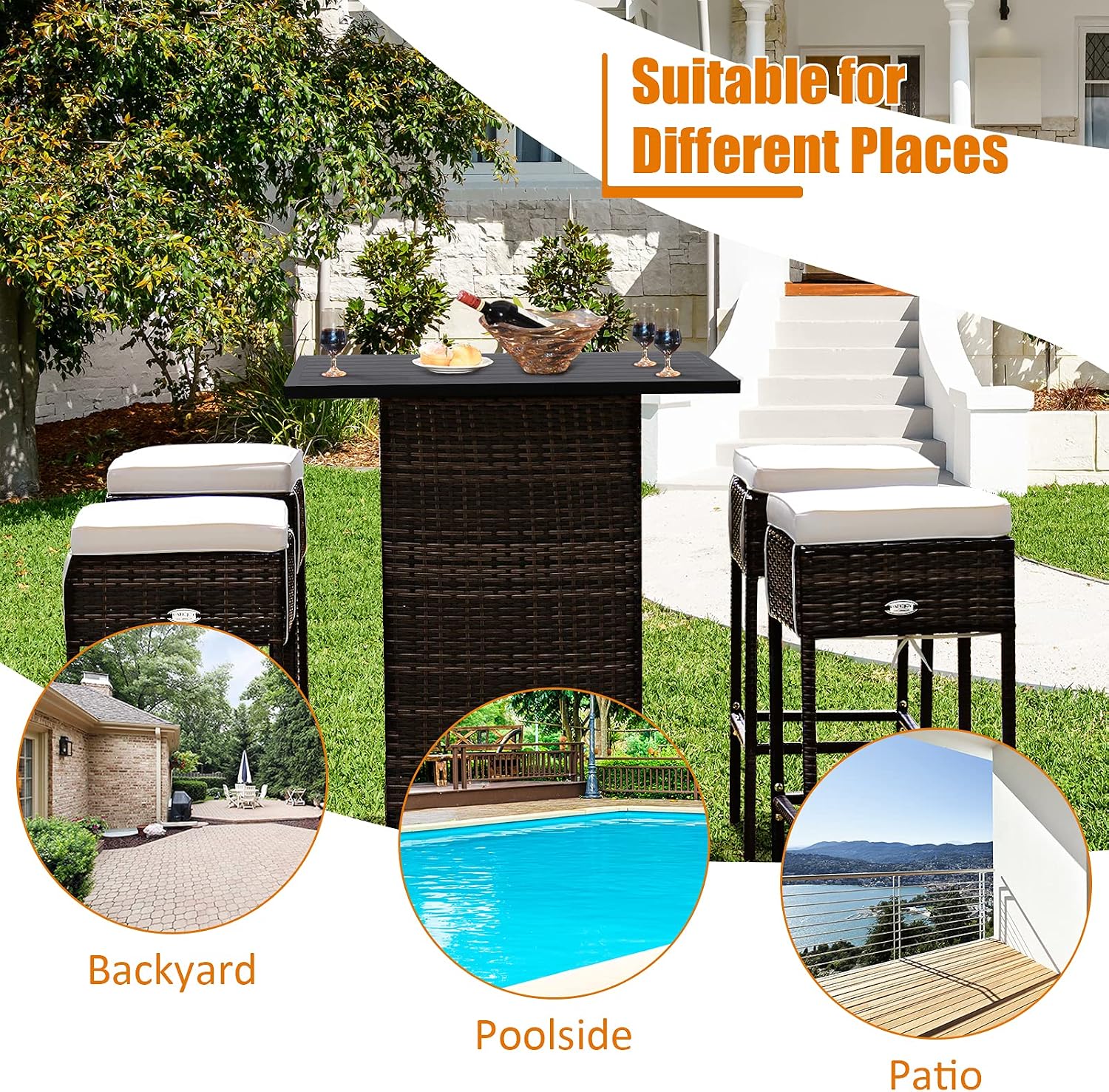 Tangkula 5 Piece Outdoor Rattan Bar Set, Patio Bar Furniture with 4 Cushions Stools and Smooth Top Table with Hidden Storage Shelf, Outdoor Conversation Set for Poolside, Backyard, Lawn