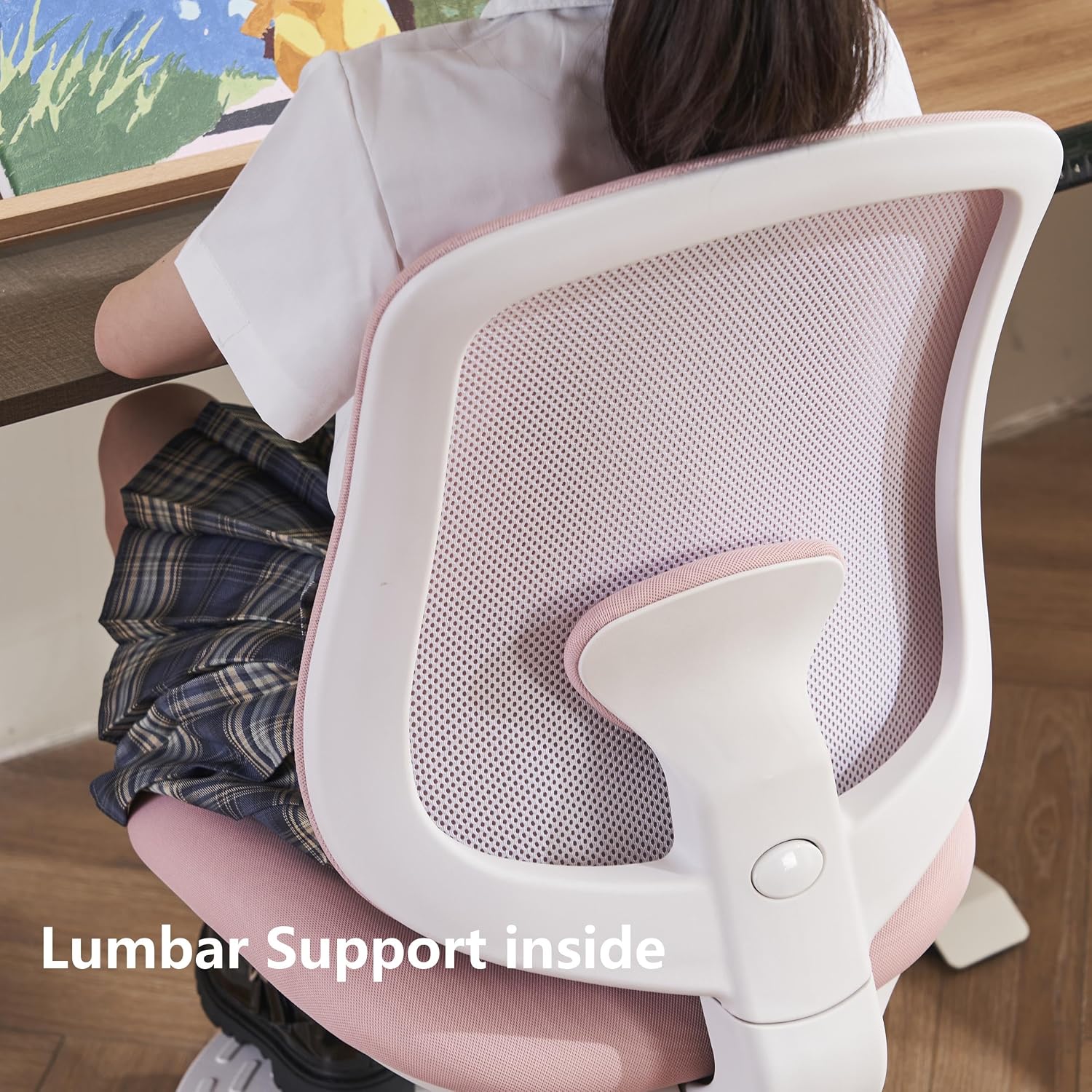 Desk Chair, Ergonomic Study Chair for Kids with Lumbar Support and Footrest, Adjustable Height, Mesh Student Chair with Adjustable backrest, Model Shell (Pink)