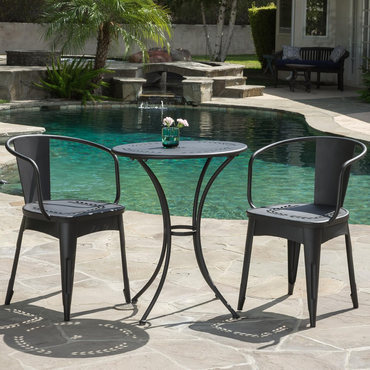 Merax 3 Pieces Bistro Set Iron Retro Bistro Table and Chairs Set of 2 Outdoor Dining Table Set for 2, Round Tabletop, All-Weather for Porch Patio Balcony Lawn Garden (Black)
