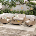 4-Piece Outdoor Patio Furniture Set Beige All-Weather Rattan Outdoor Couch with Coffee Table Outdoor Patio Sofa Seating with Cushions for Garden, Poolside, Porch
