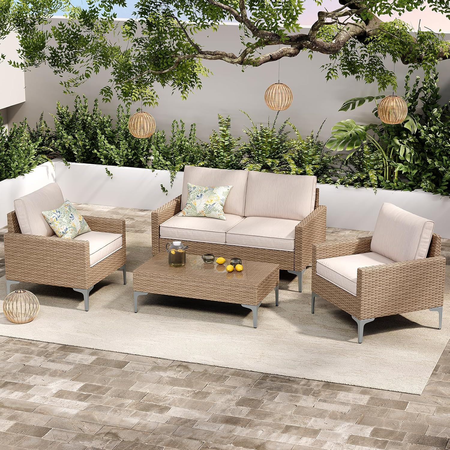 4-Piece Outdoor Patio Furniture Set Beige All-Weather Rattan Outdoor Couch with Coffee Table Outdoor Patio Sofa Seating with Cushions for Garden, Poolside, Porch
