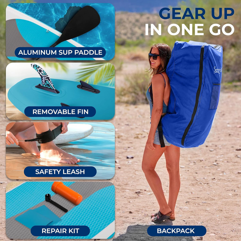 SereneLife Inflatable Stand Up Paddle Board - Wide Stable Design, Non-Slip Deck for Adults & Youth with Premium Paddle Board Accessories: Carry Bag, Dual Action Pump, Paddle, Ankle Leash - 10'