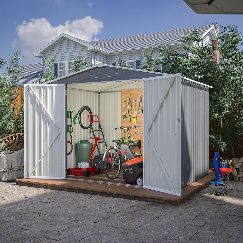 10x8 ft Outdoor Storage shed All Weather Metal Garden shed with Lockable Double Doors Tool Storage for Backyard Patio Lawn and Garden Organization Large Capacity (8x6 ft Grey with Floor Frame)