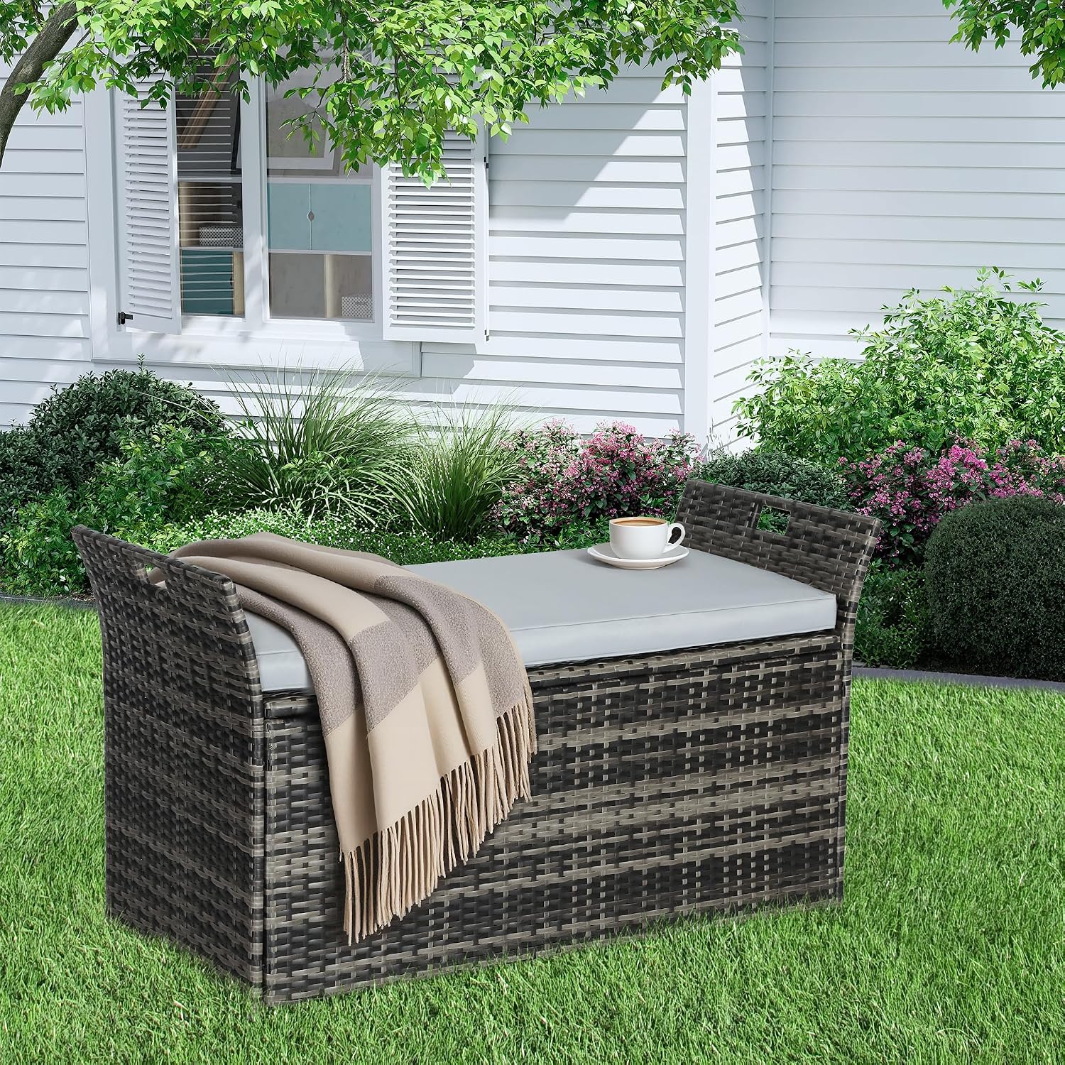 90 Gallon Patio Storage Bench, Outdoor Wicker Deck Box with Cushion, PE Rattan Box with Handles (Grey)