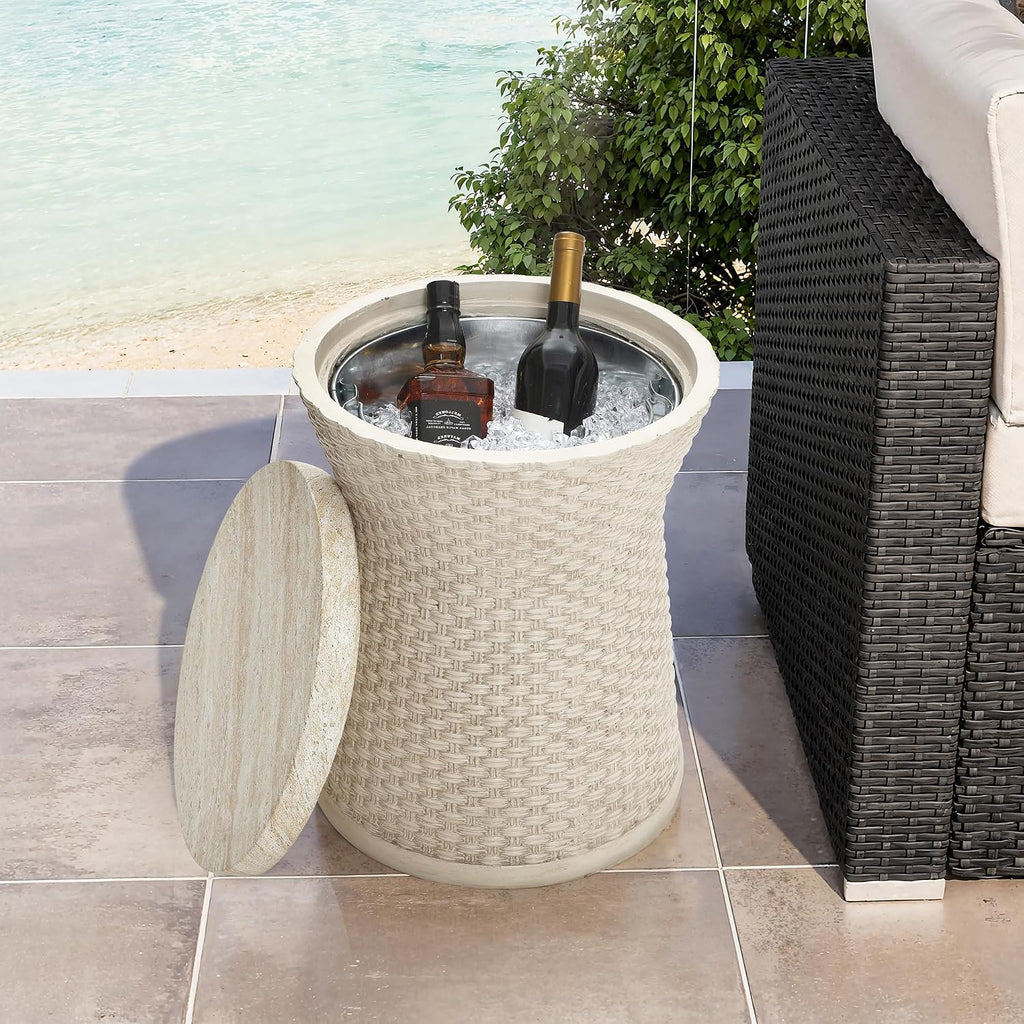 LuxenHome 18.5' Woven Texture Outdoor Side Table with Storage, Round Patio Table with Ice Bucket for Garden, Balcony